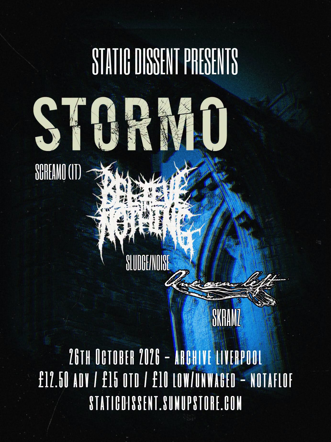 STORMO / BELIEVE IN NOTHING / ONE ARM LEFT — gig artwork