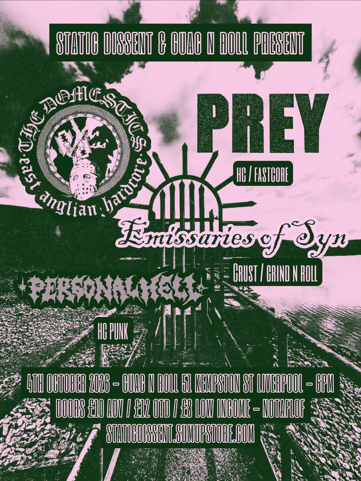 THE DOMESTICS / PREY / EMISSARIES OF SYN / PERSONAL HELL — gig artwork