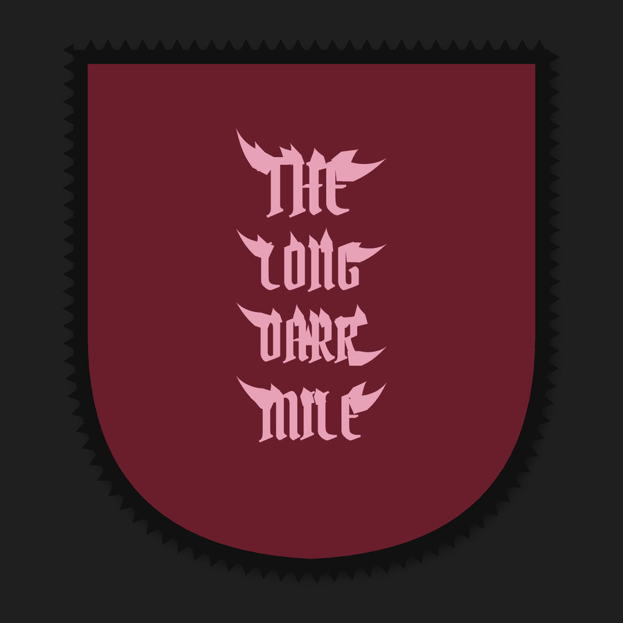 Doom metal shield patch: a stacked logo in pink thread on maroon twill