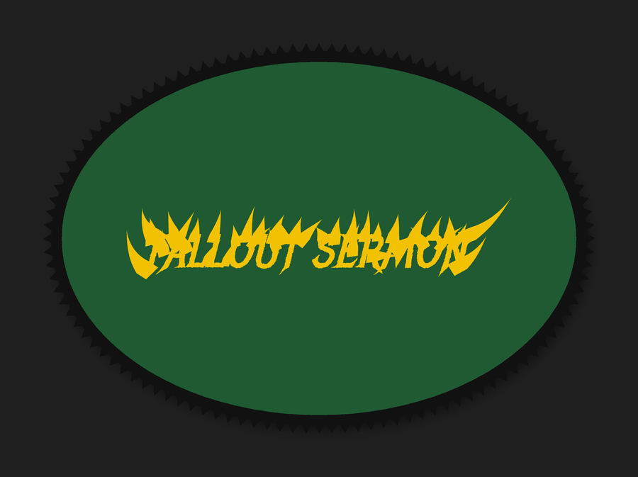 Thrash metal printed patch: a slanted logo printed in yellow on green twill, oval