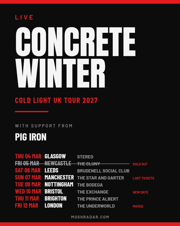 Tour poster example: Concrete Winter's Cold Light UK Tour 2027, eight dates with a sold-out night struck through and new, moved and last-tickets dates tagged