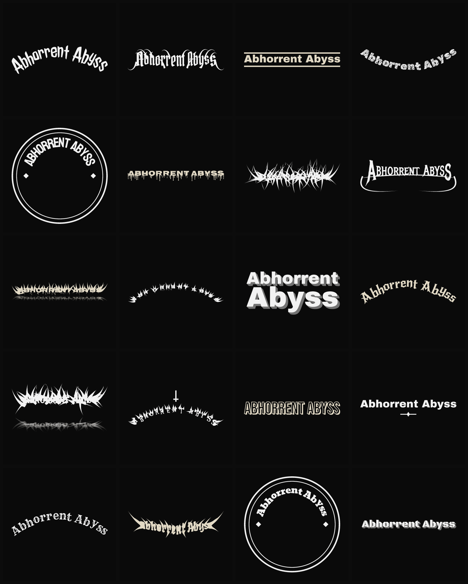 Twenty Abhorrent Abyss band logo ideas — different faces, treatments and spike settings
