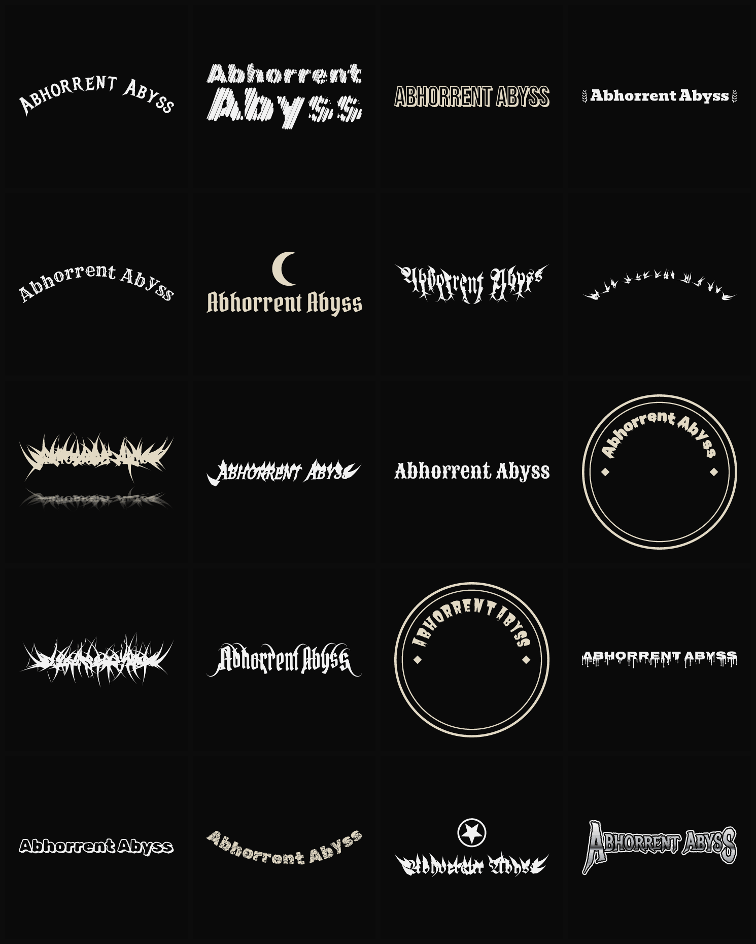 Twenty Abhorrent Abyss band logo ideas — different faces, treatments and spike settings