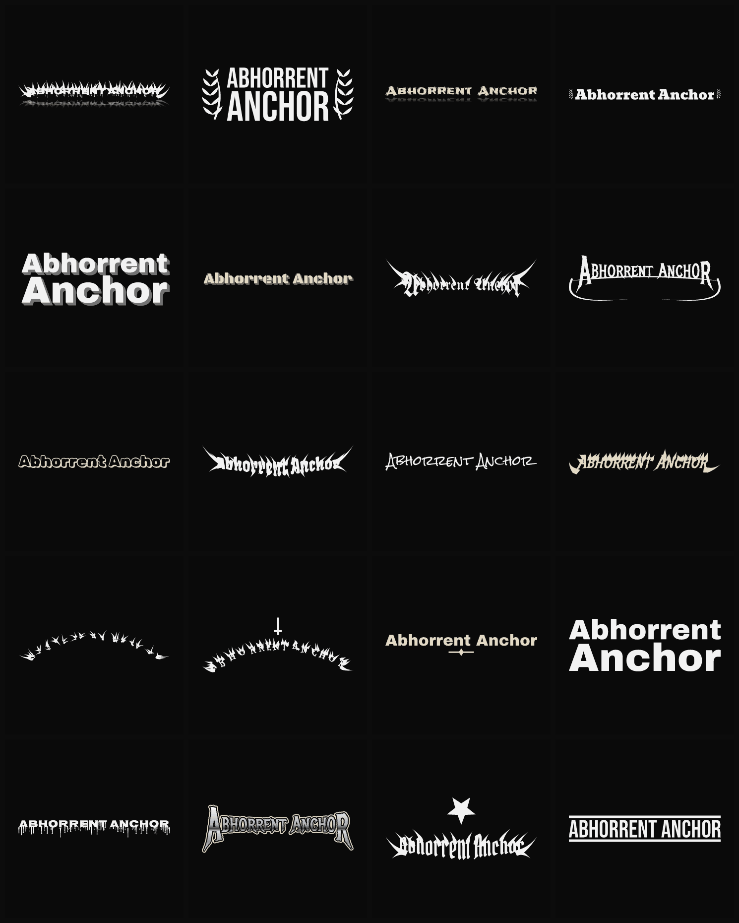 Twenty Abhorrent Anchor band logo ideas — different faces, treatments and spike settings