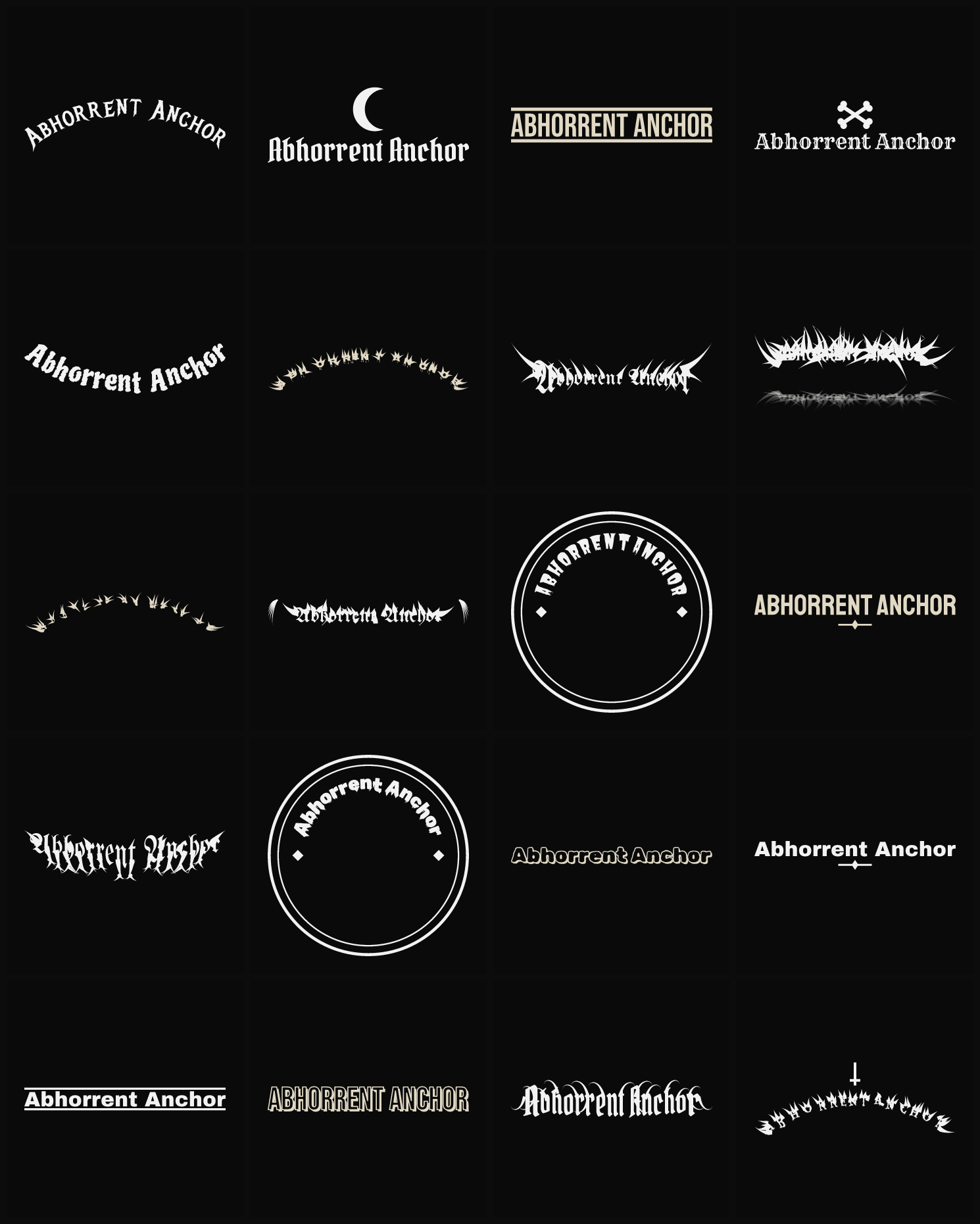Twenty Abhorrent Anchor band logo ideas — different faces, treatments and spike settings