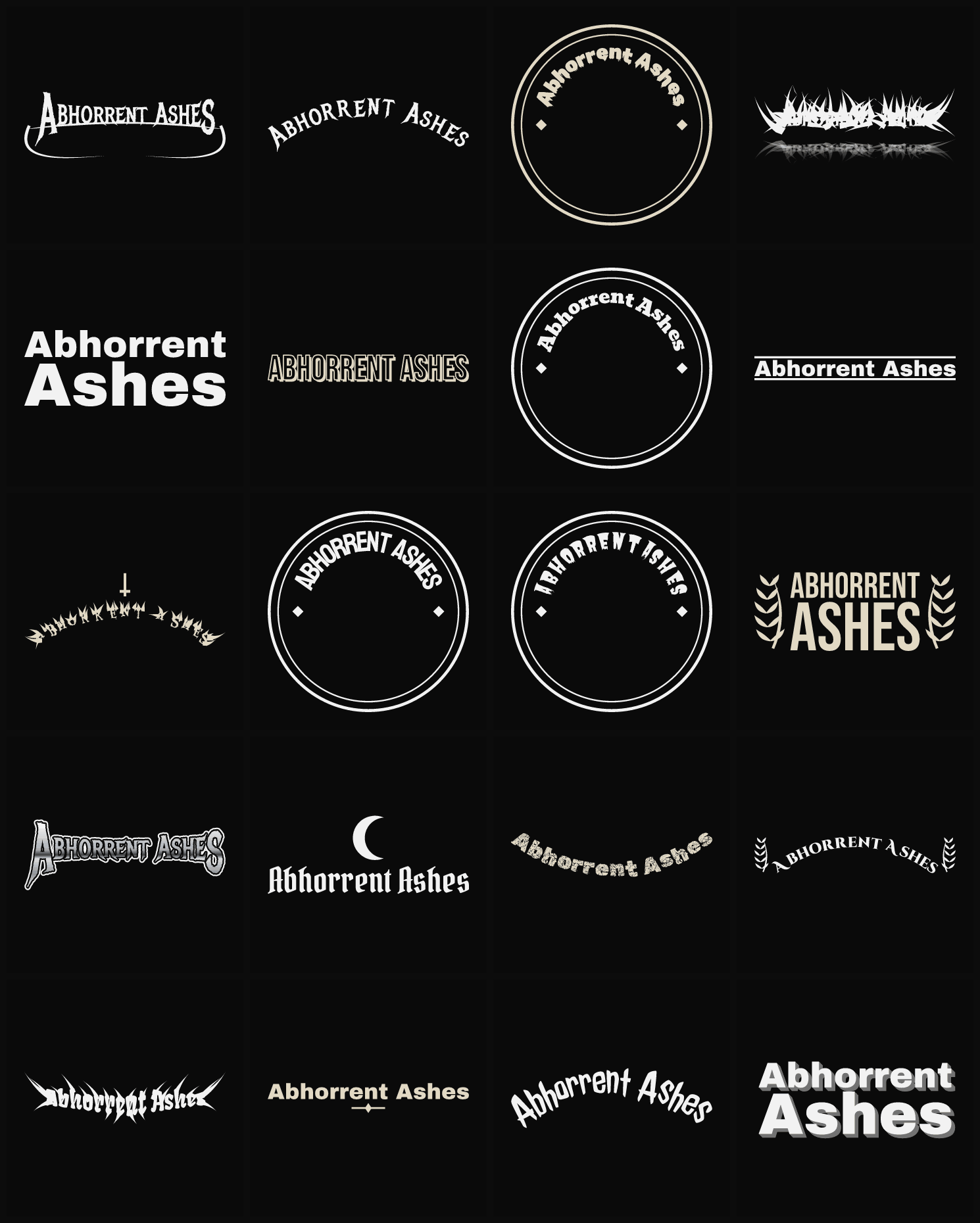 Twenty Abhorrent Ashes band logo ideas — different faces, treatments and spike settings