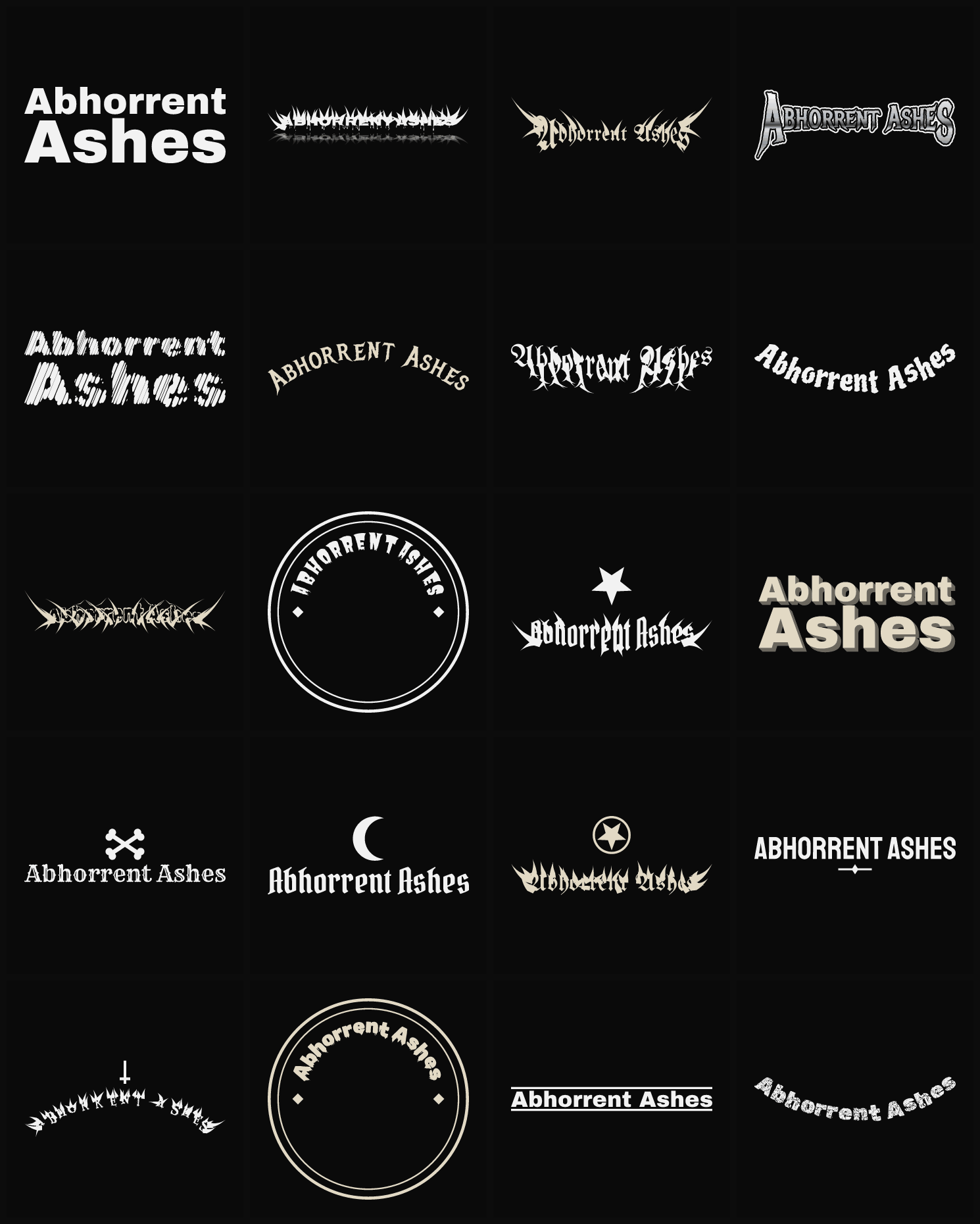 Twenty Abhorrent Ashes band logo ideas — different faces, treatments and spike settings
