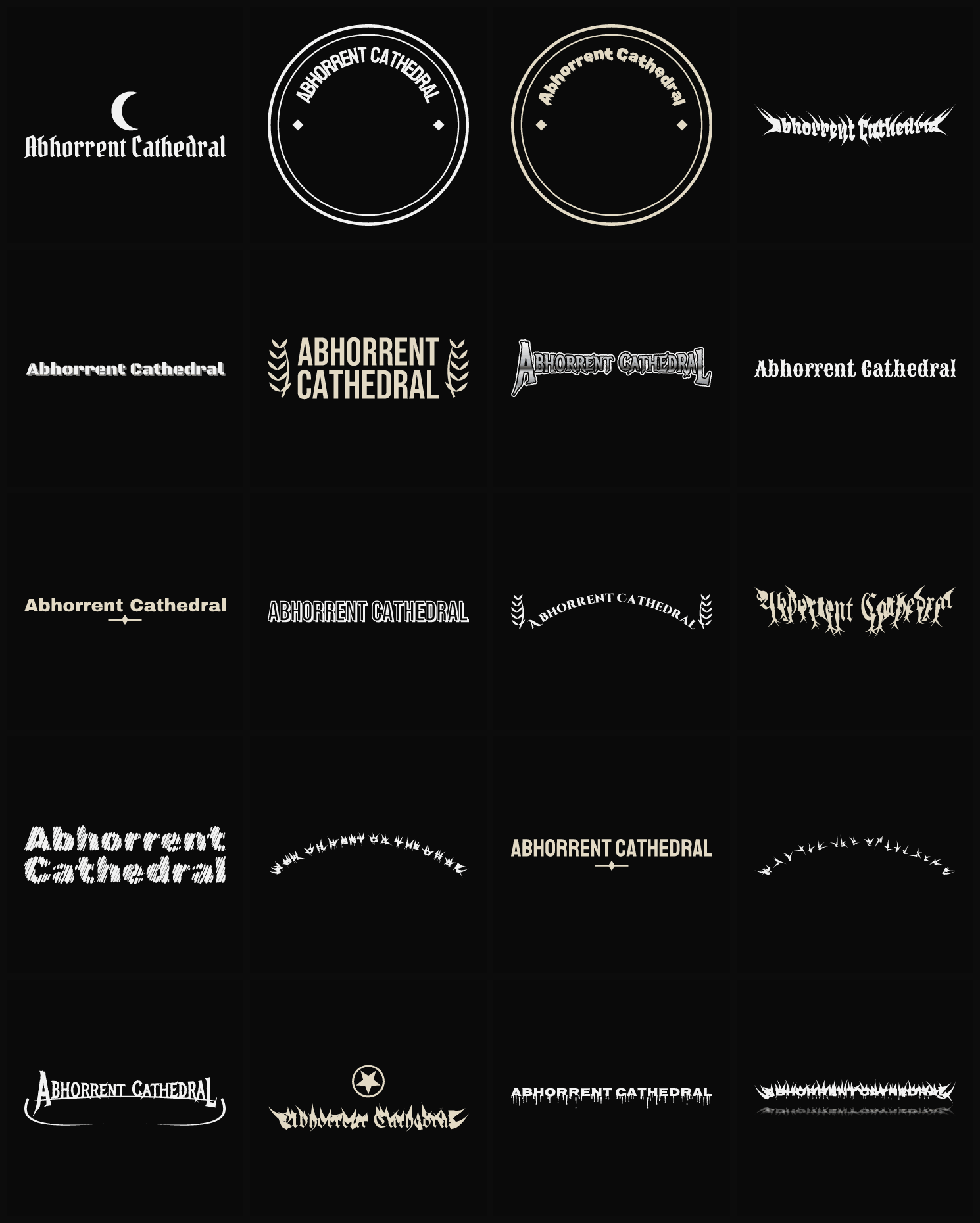Twenty Abhorrent Cathedral band logo ideas — different faces, treatments and spike settings