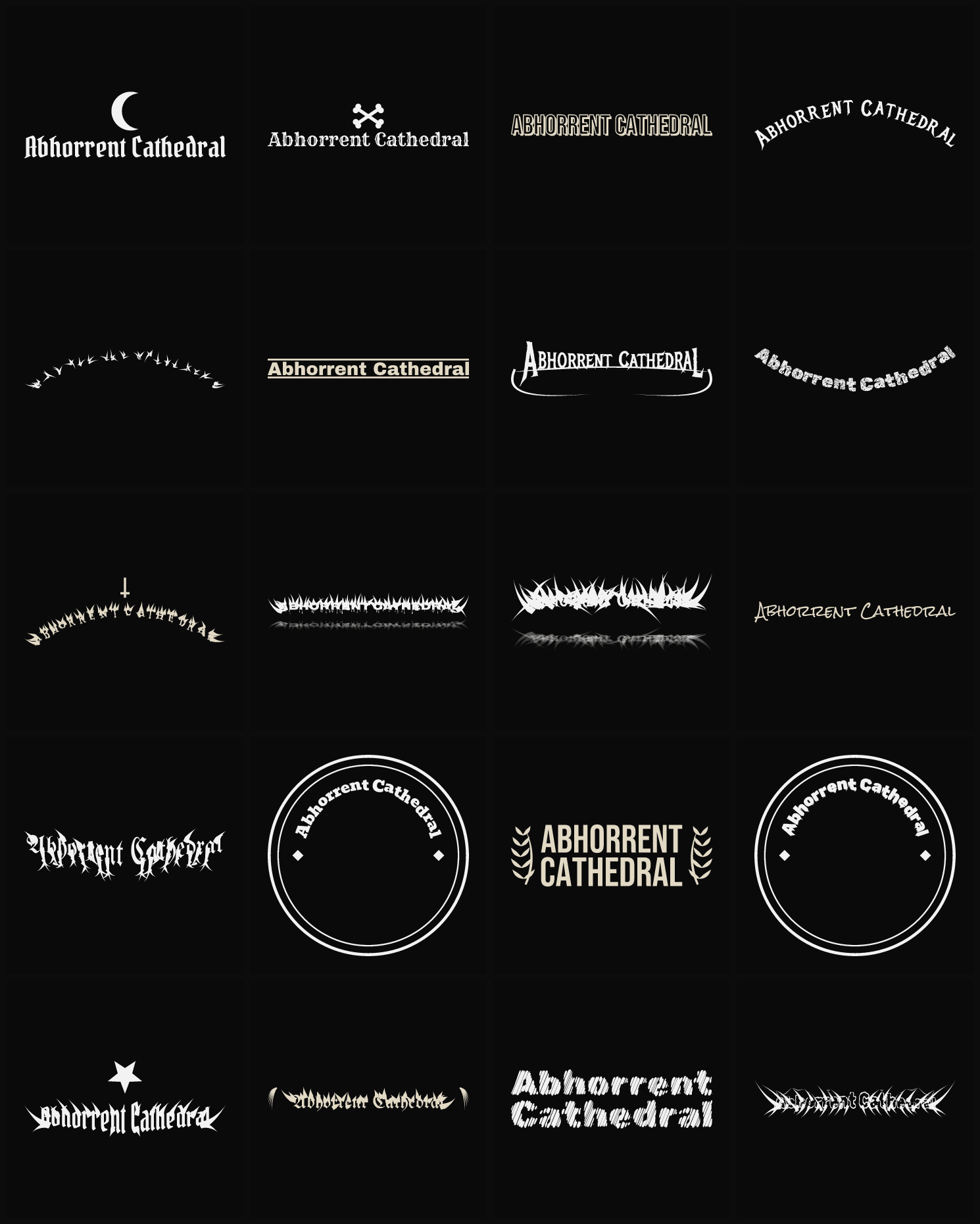 Twenty Abhorrent Cathedral band logo ideas — different faces, treatments and spike settings