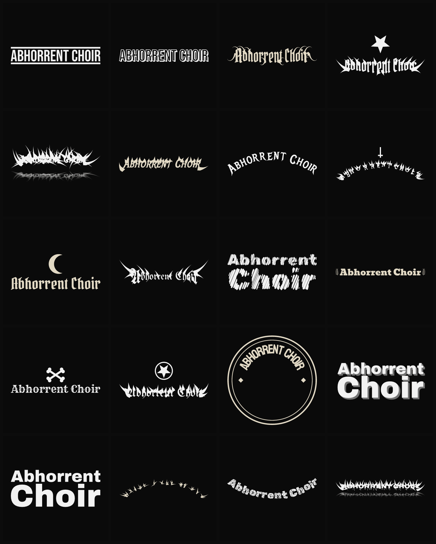 Twenty Abhorrent Choir band logo ideas — different faces, treatments and spike settings