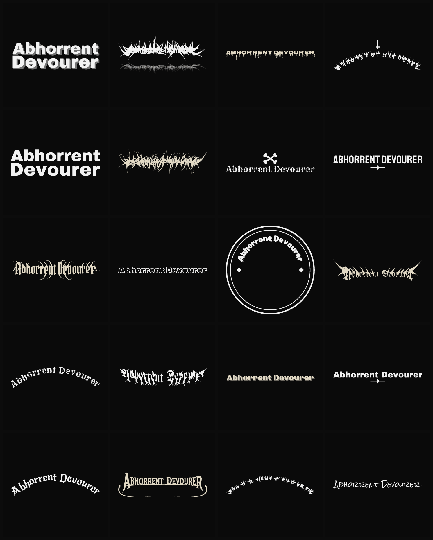 Twenty Abhorrent Devourer band logo ideas — different faces, treatments and spike settings