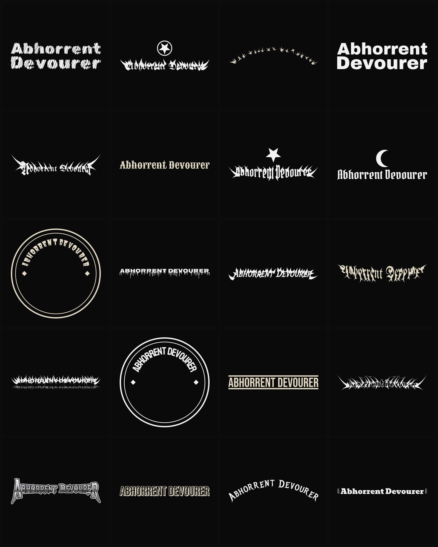 Twenty Abhorrent Devourer band logo ideas — different faces, treatments and spike settings