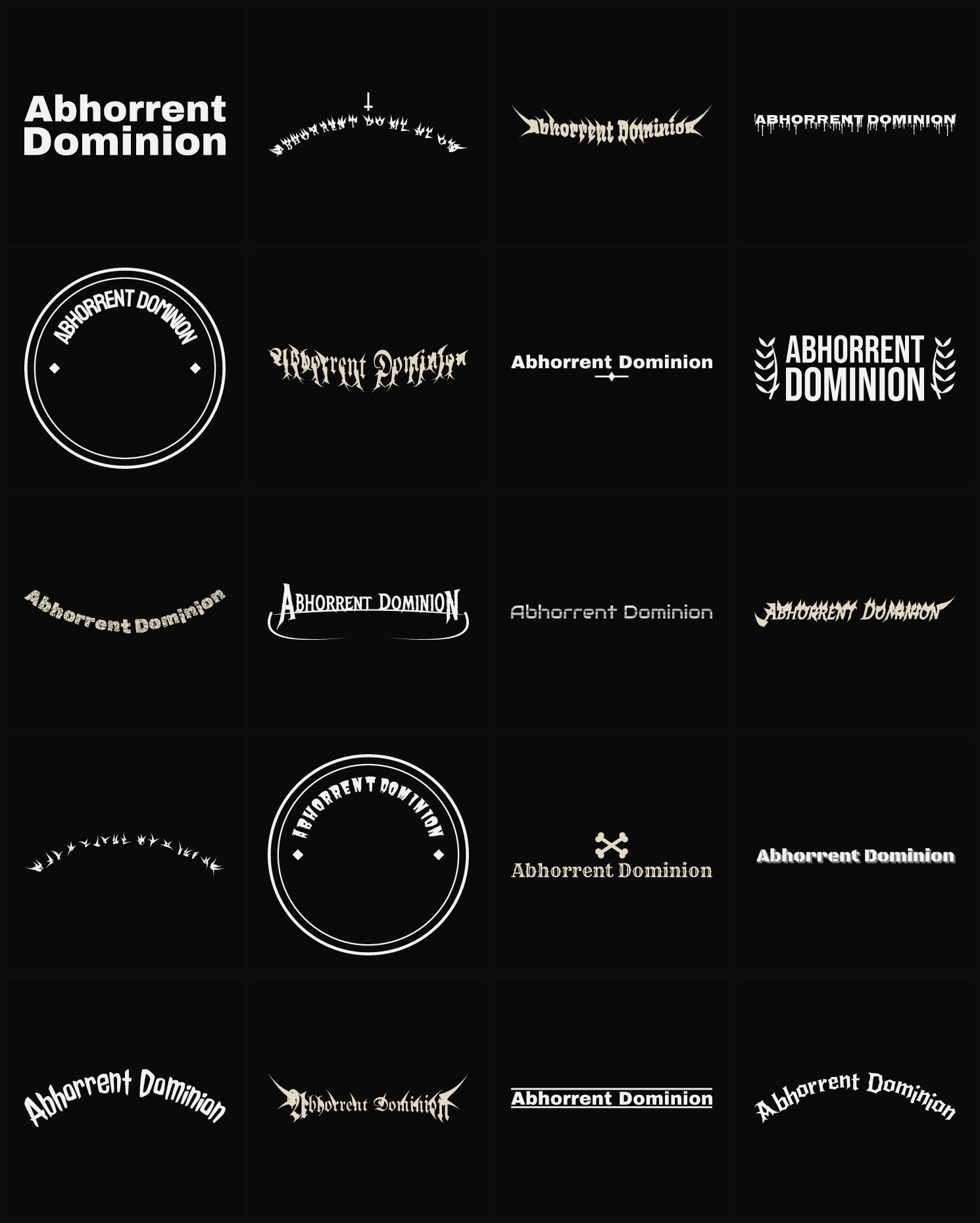 Twenty Abhorrent Dominion band logo ideas — different faces, treatments and spike settings