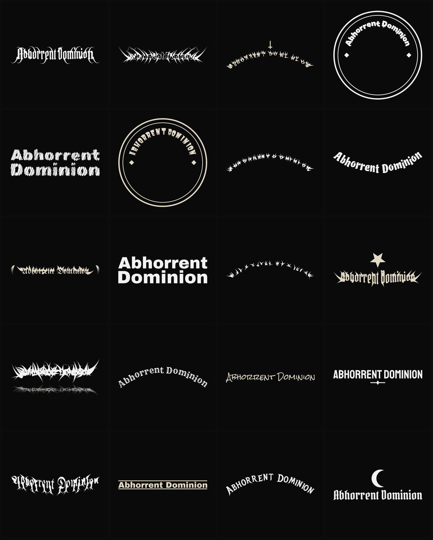 Twenty Abhorrent Dominion band logo ideas — different faces, treatments and spike settings