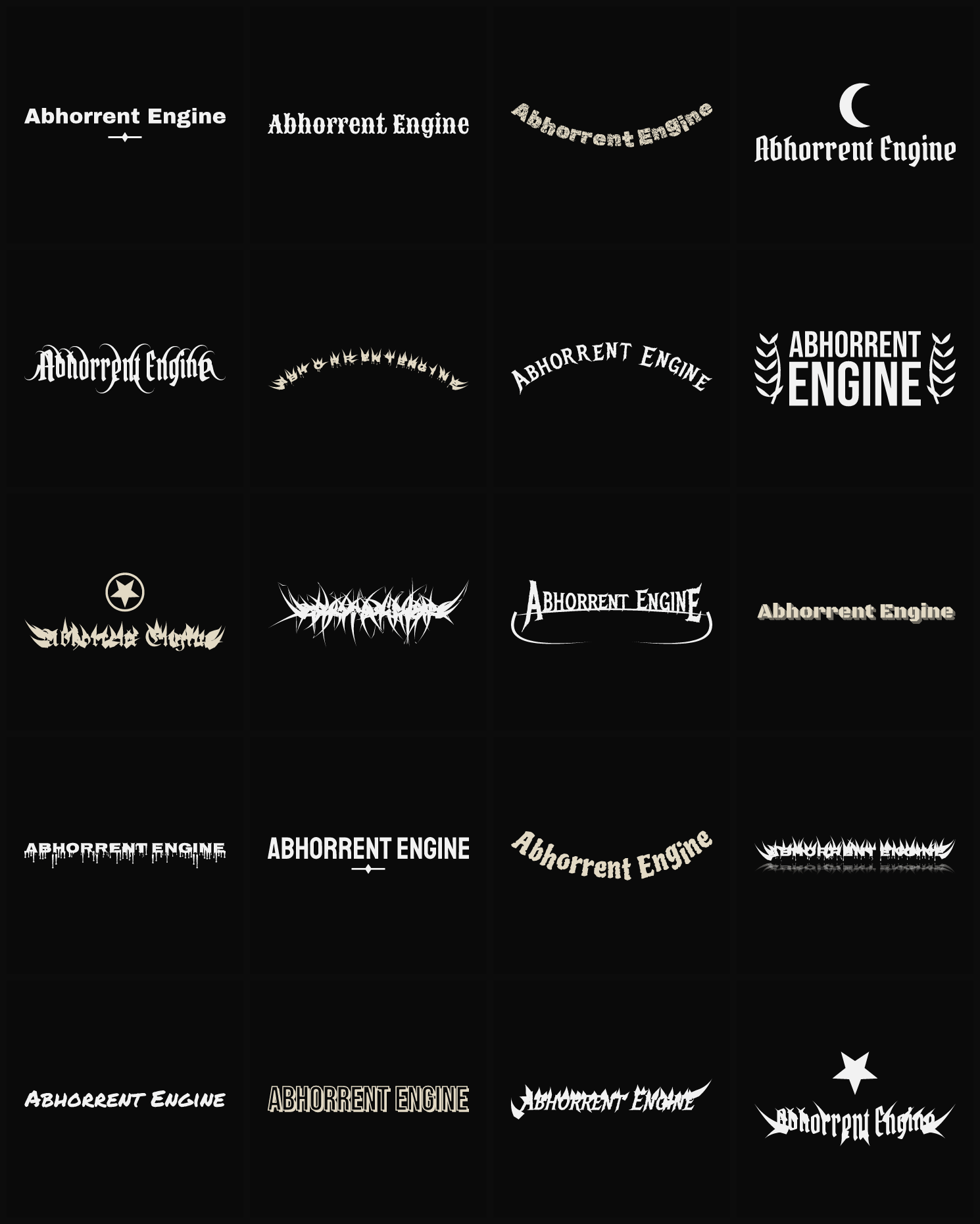 Twenty Abhorrent Engine band logo ideas — different faces, treatments and spike settings