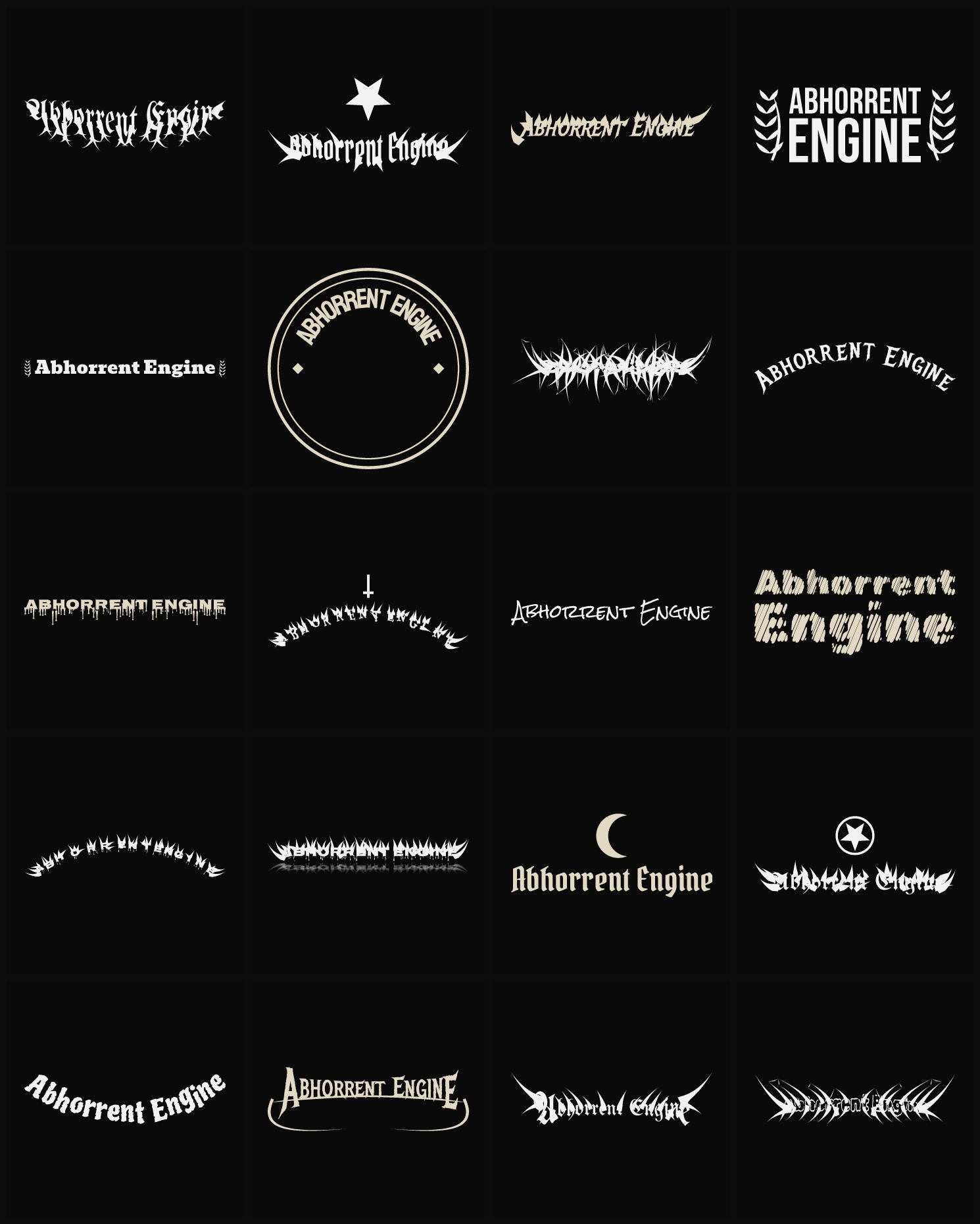 Twenty Abhorrent Engine band logo ideas — different faces, treatments and spike settings