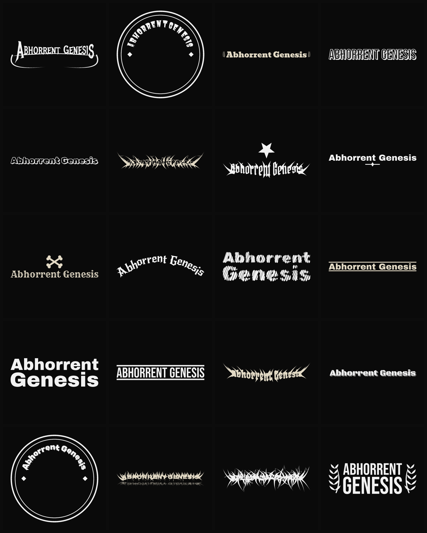 Twenty Abhorrent Genesis band logo ideas — different faces, treatments and spike settings