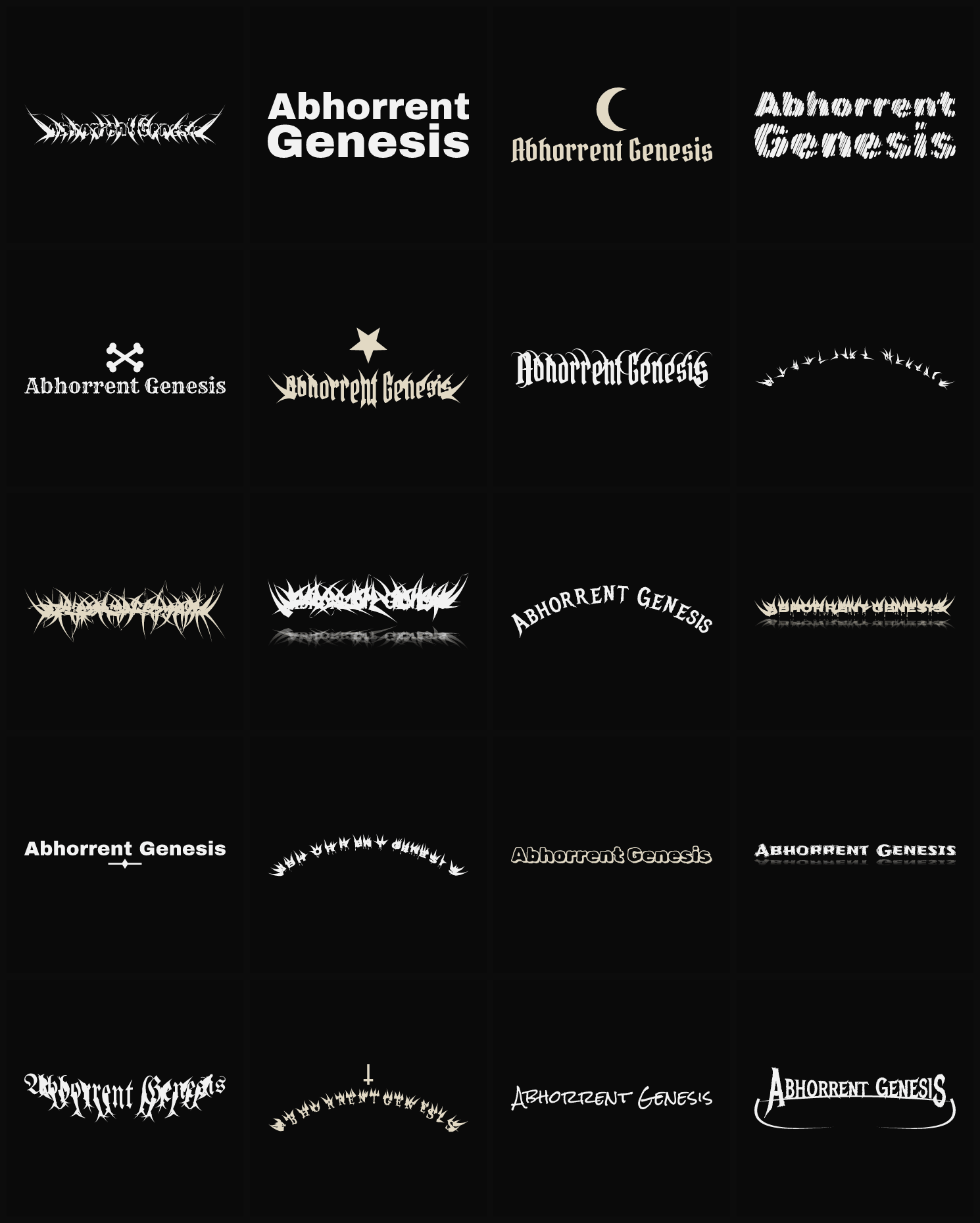 Twenty Abhorrent Genesis band logo ideas — different faces, treatments and spike settings