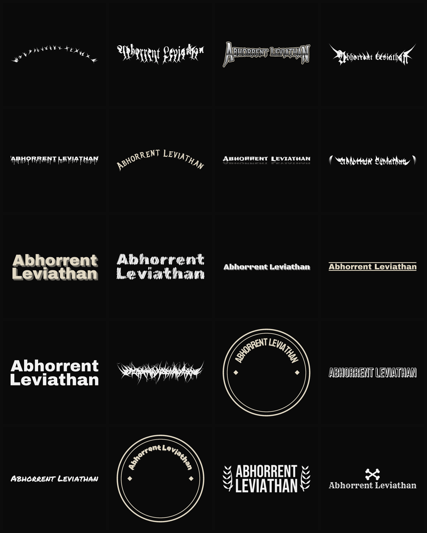 Twenty Abhorrent Leviathan band logo ideas — different faces, treatments and spike settings