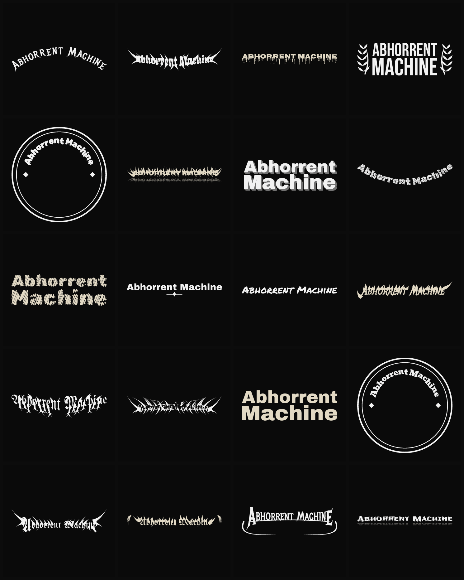 Twenty Abhorrent Machine band logo ideas — different faces, treatments and spike settings