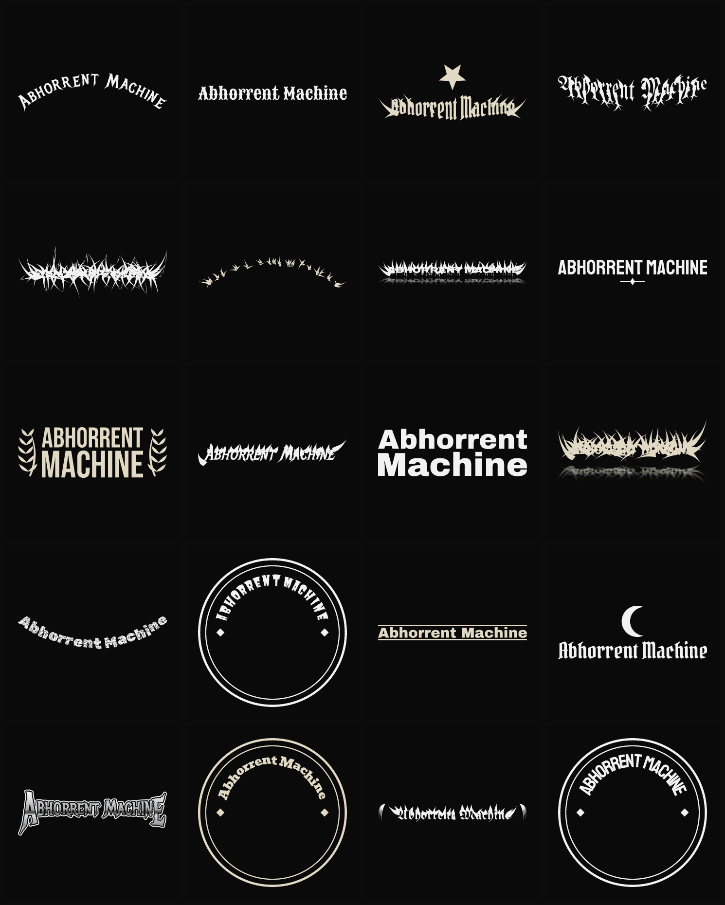 Twenty Abhorrent Machine band logo ideas — different faces, treatments and spike settings