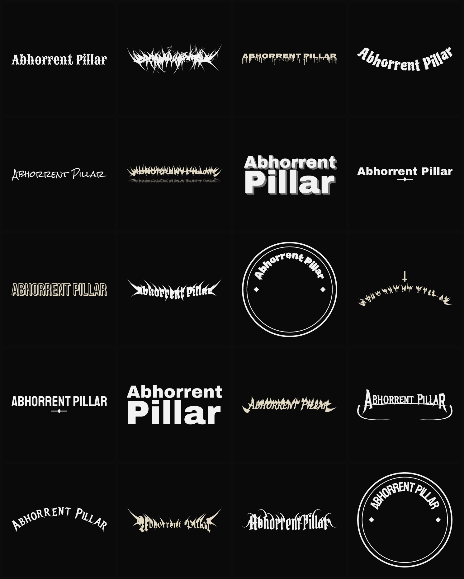 Twenty Abhorrent Pillar band logo ideas — different faces, treatments and spike settings