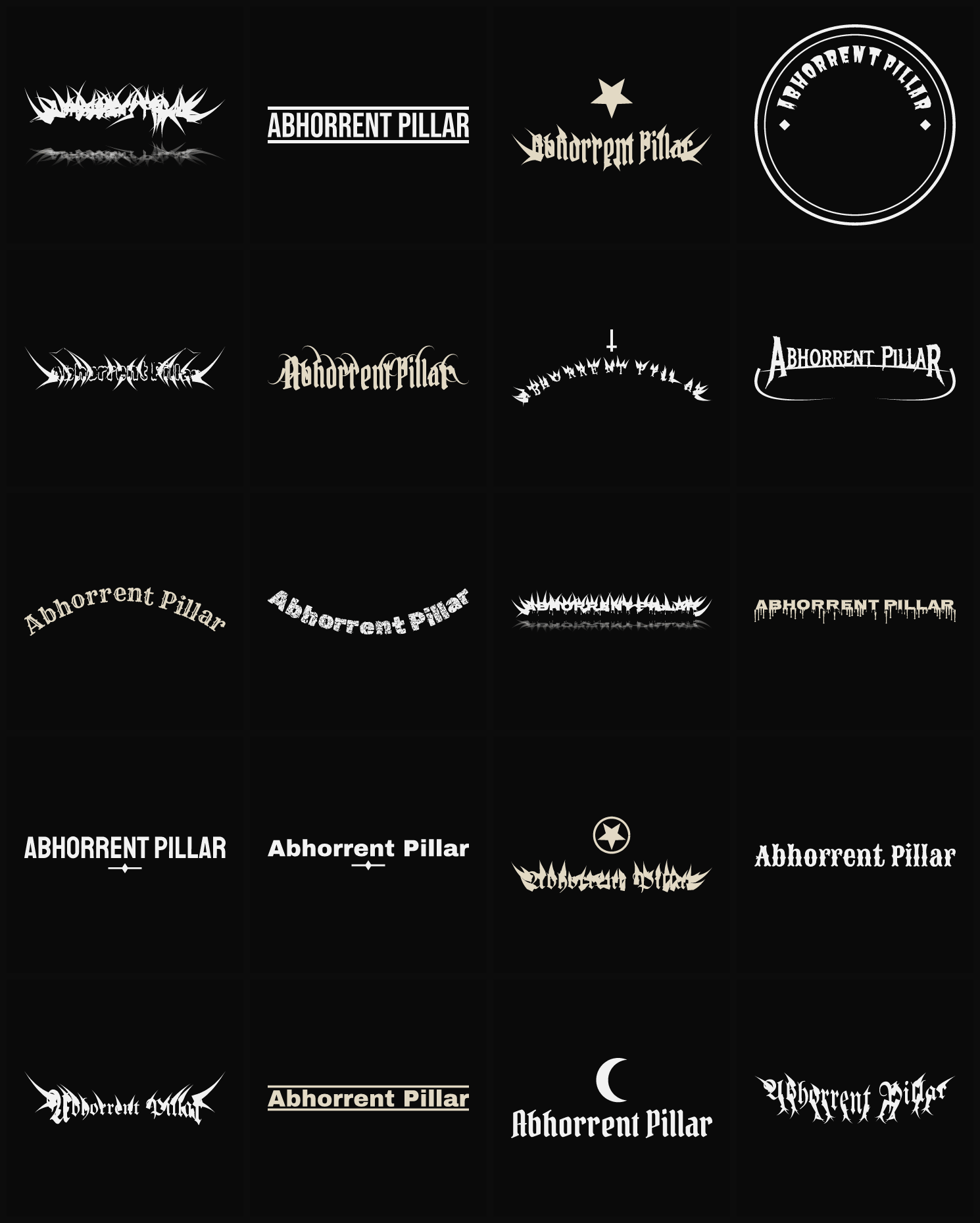 Twenty Abhorrent Pillar band logo ideas — different faces, treatments and spike settings