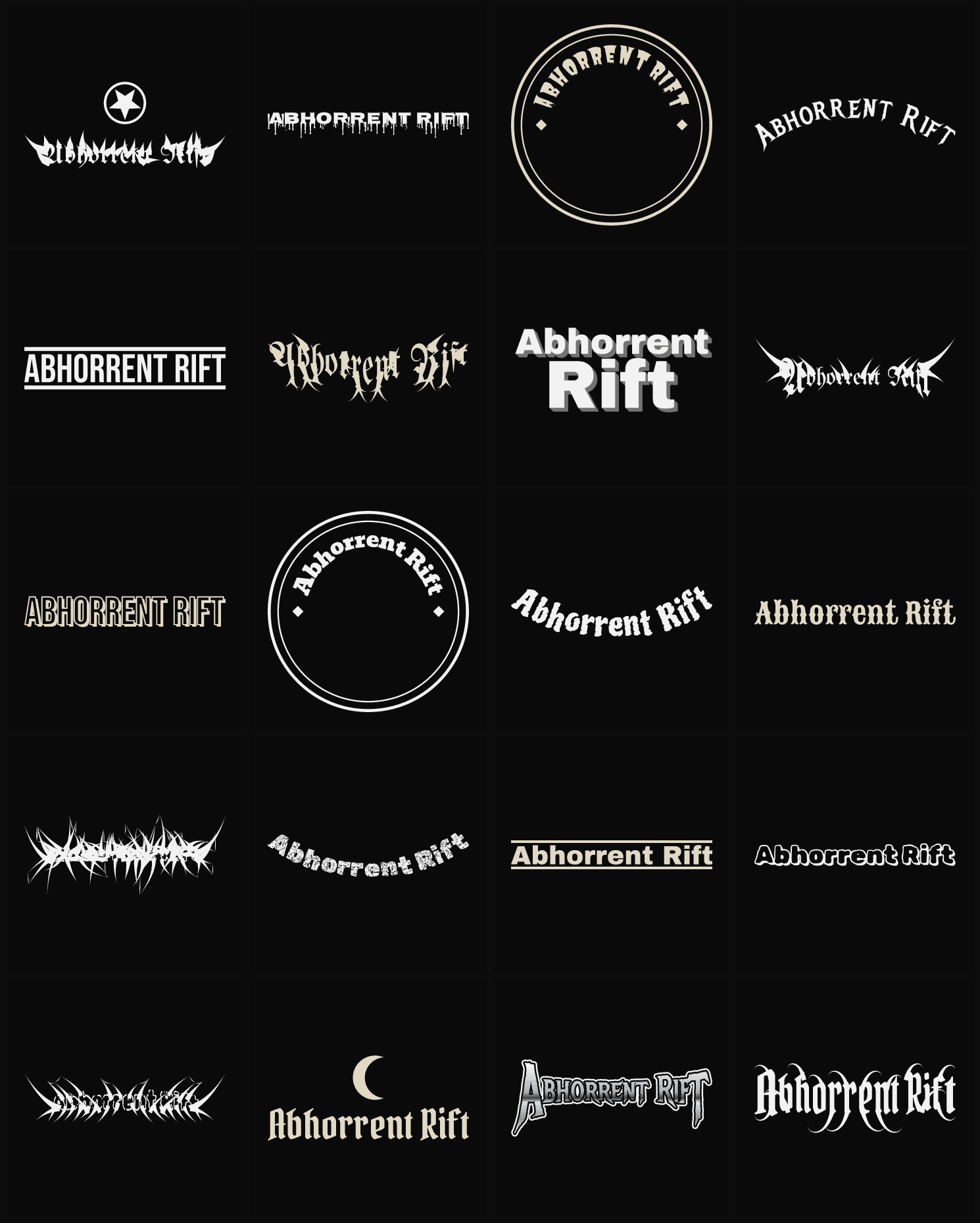 Twenty Abhorrent Rift band logo ideas — different faces, treatments and spike settings