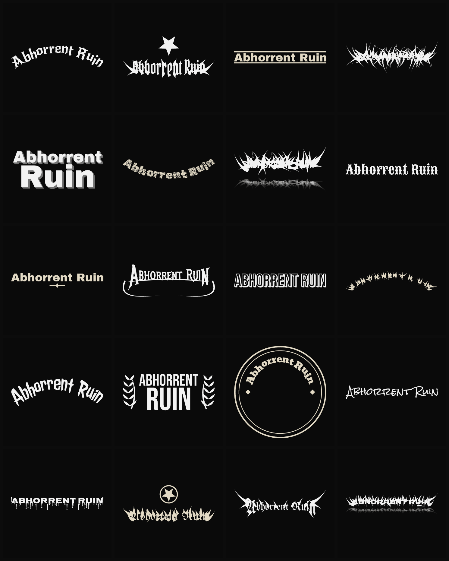 Twenty Abhorrent Ruin band logo ideas — different faces, treatments and spike settings