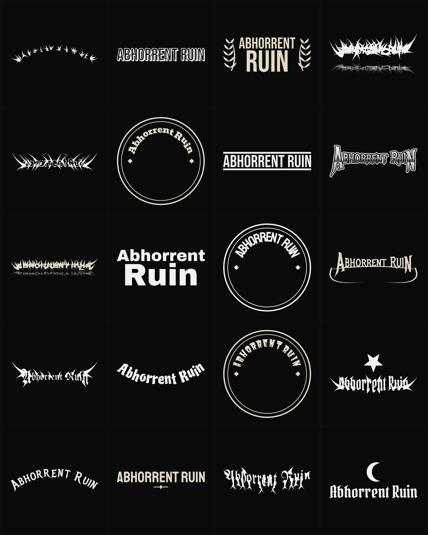 Twenty Abhorrent Ruin band logo ideas — different faces, treatments and spike settings