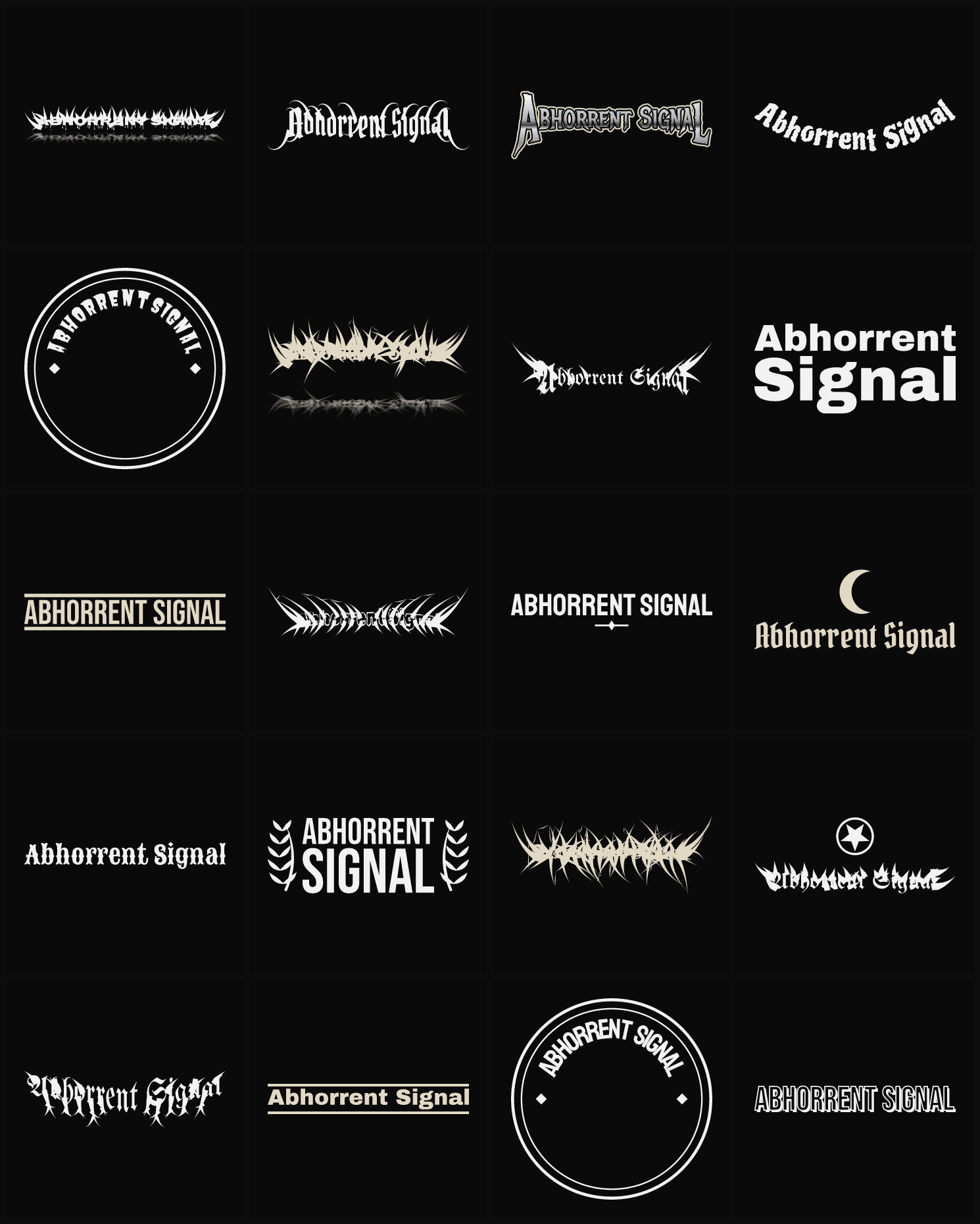 Twenty Abhorrent Signal band logo ideas — different faces, treatments and spike settings