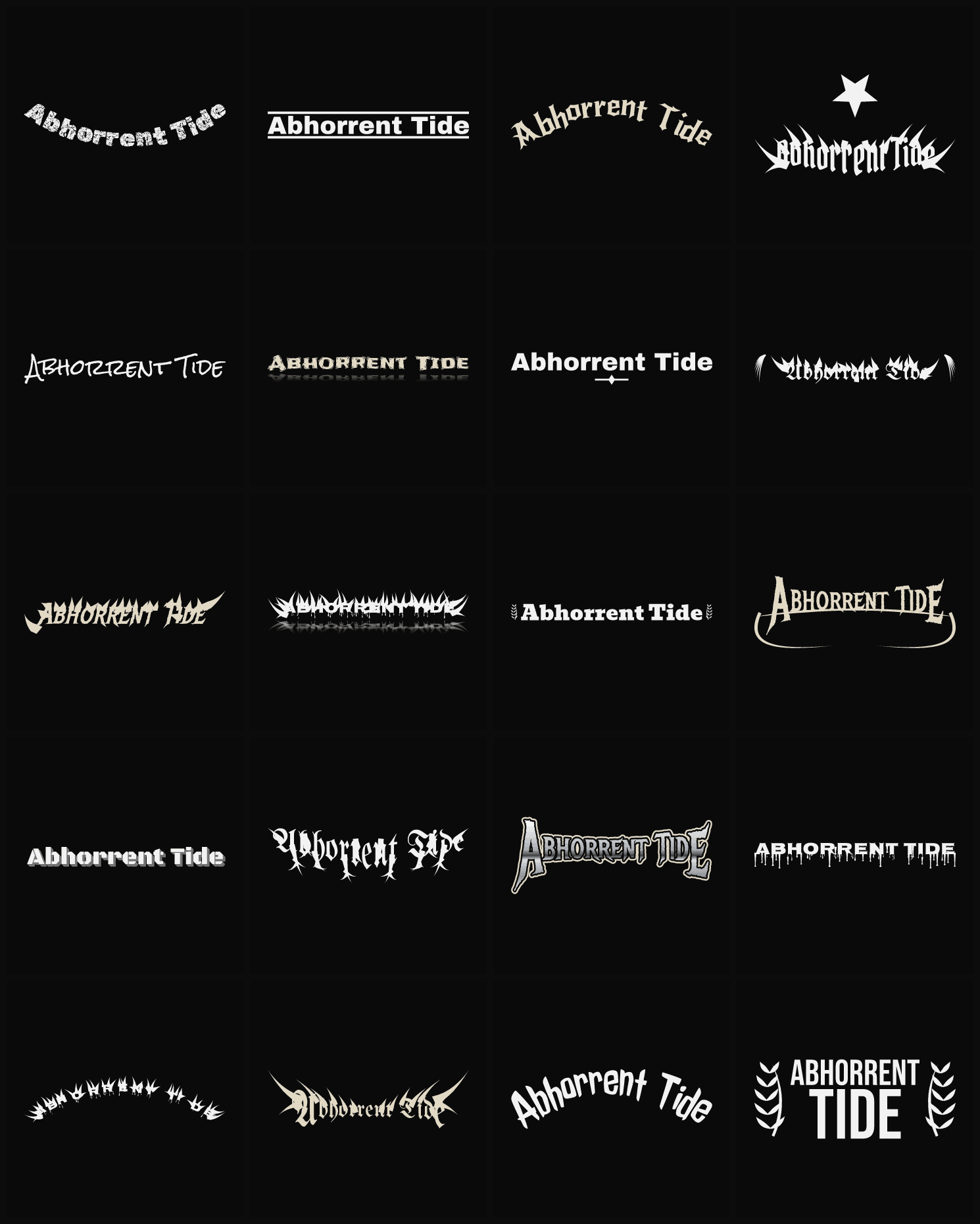 Twenty Abhorrent Tide band logo ideas — different faces, treatments and spike settings