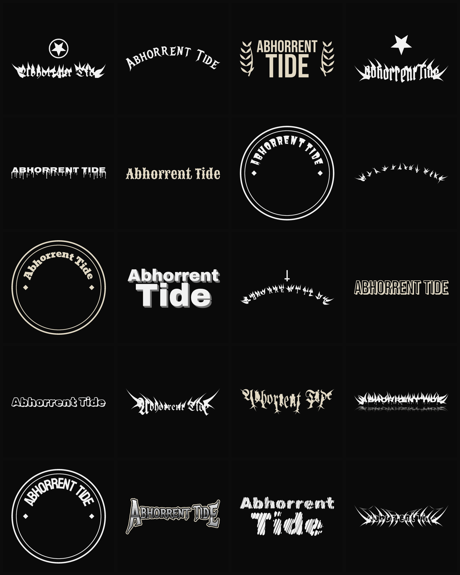 Twenty Abhorrent Tide band logo ideas — different faces, treatments and spike settings
