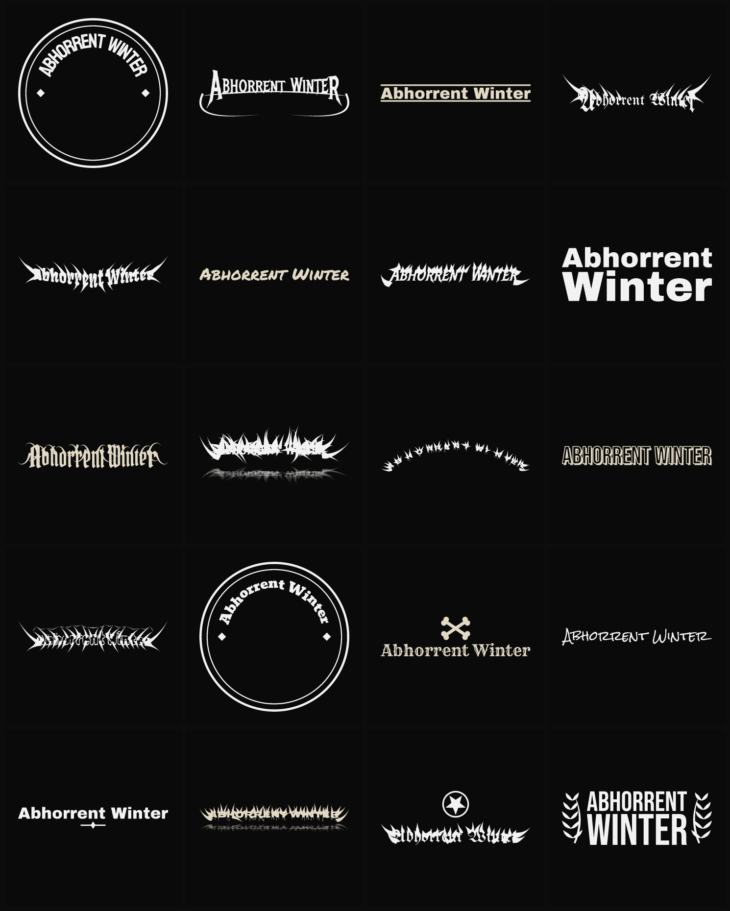 Twenty Abhorrent Winter band logo ideas — different faces, treatments and spike settings