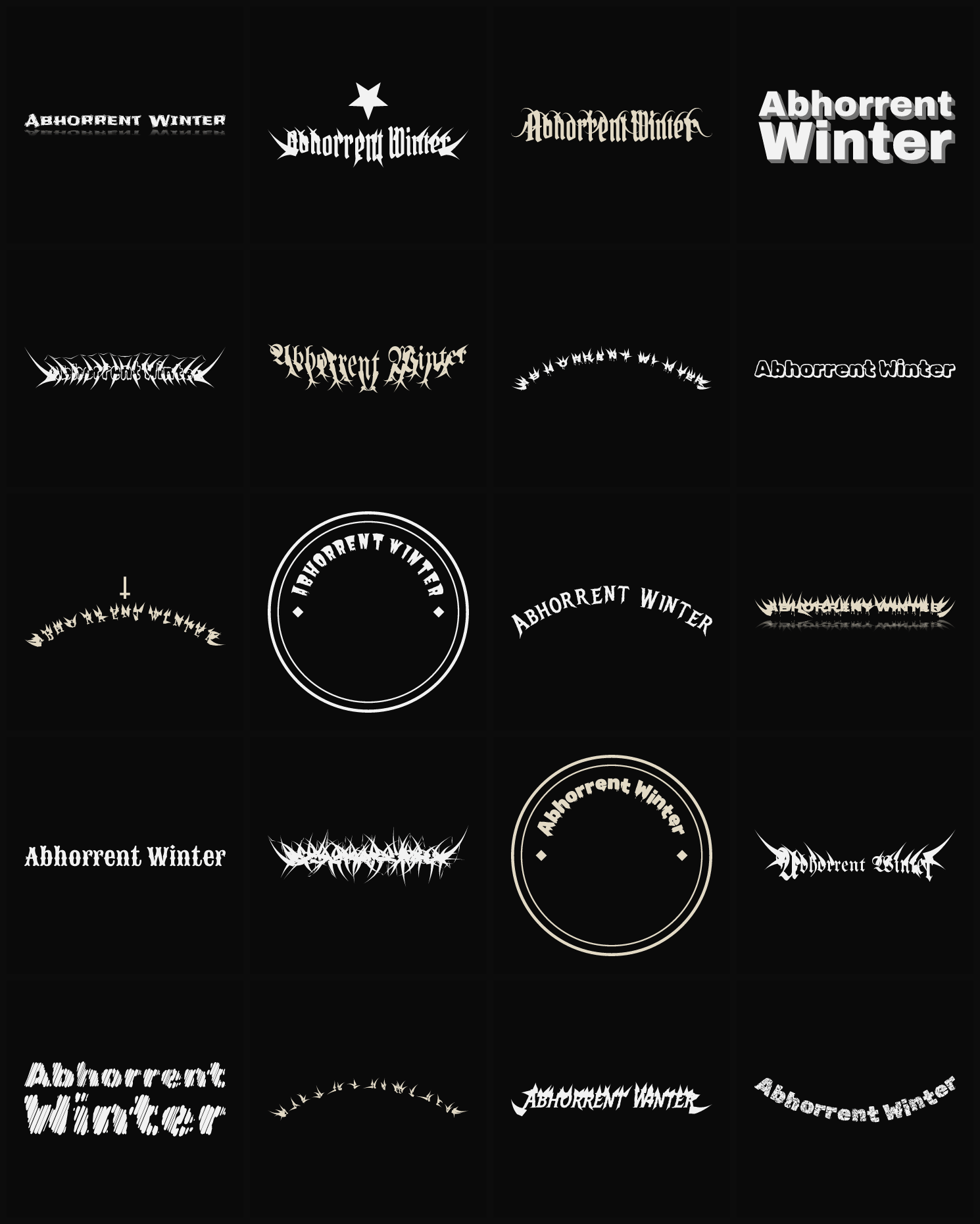 Twenty Abhorrent Winter band logo ideas — different faces, treatments and spike settings