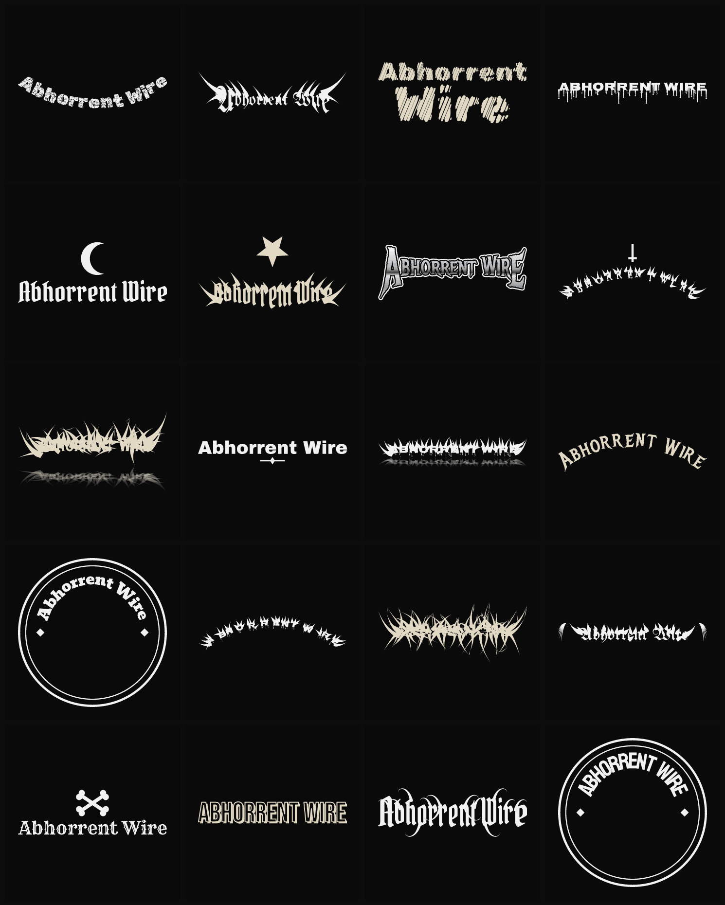 Twenty Abhorrent Wire band logo ideas — different faces, treatments and spike settings