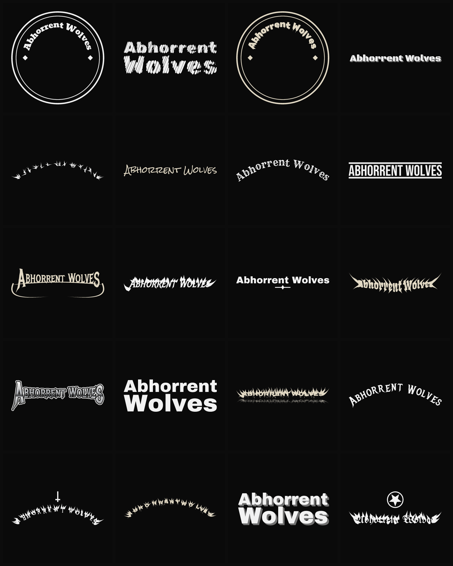 Twenty Abhorrent Wolves band logo ideas — different faces, treatments and spike settings