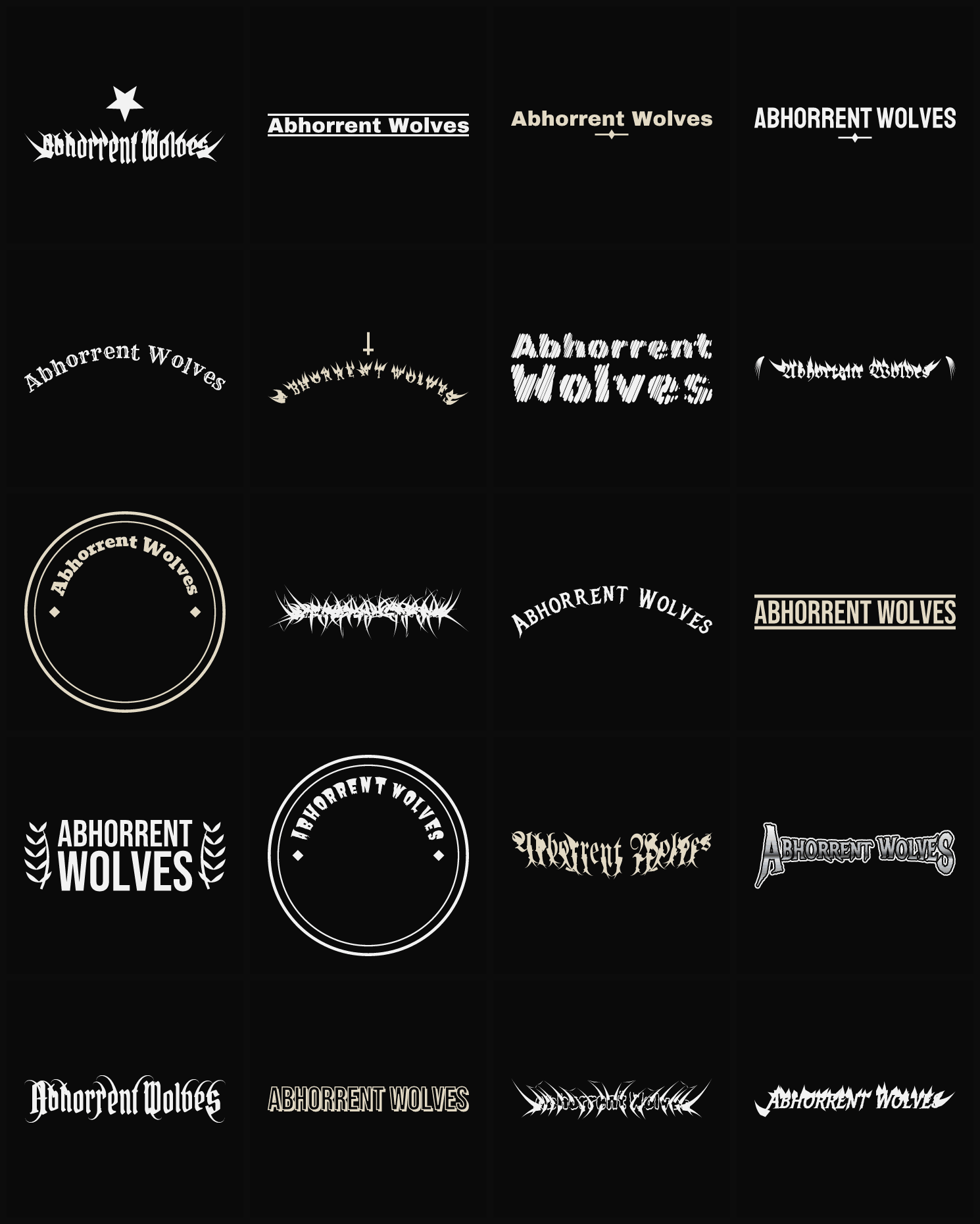 Twenty Abhorrent Wolves band logo ideas — different faces, treatments and spike settings