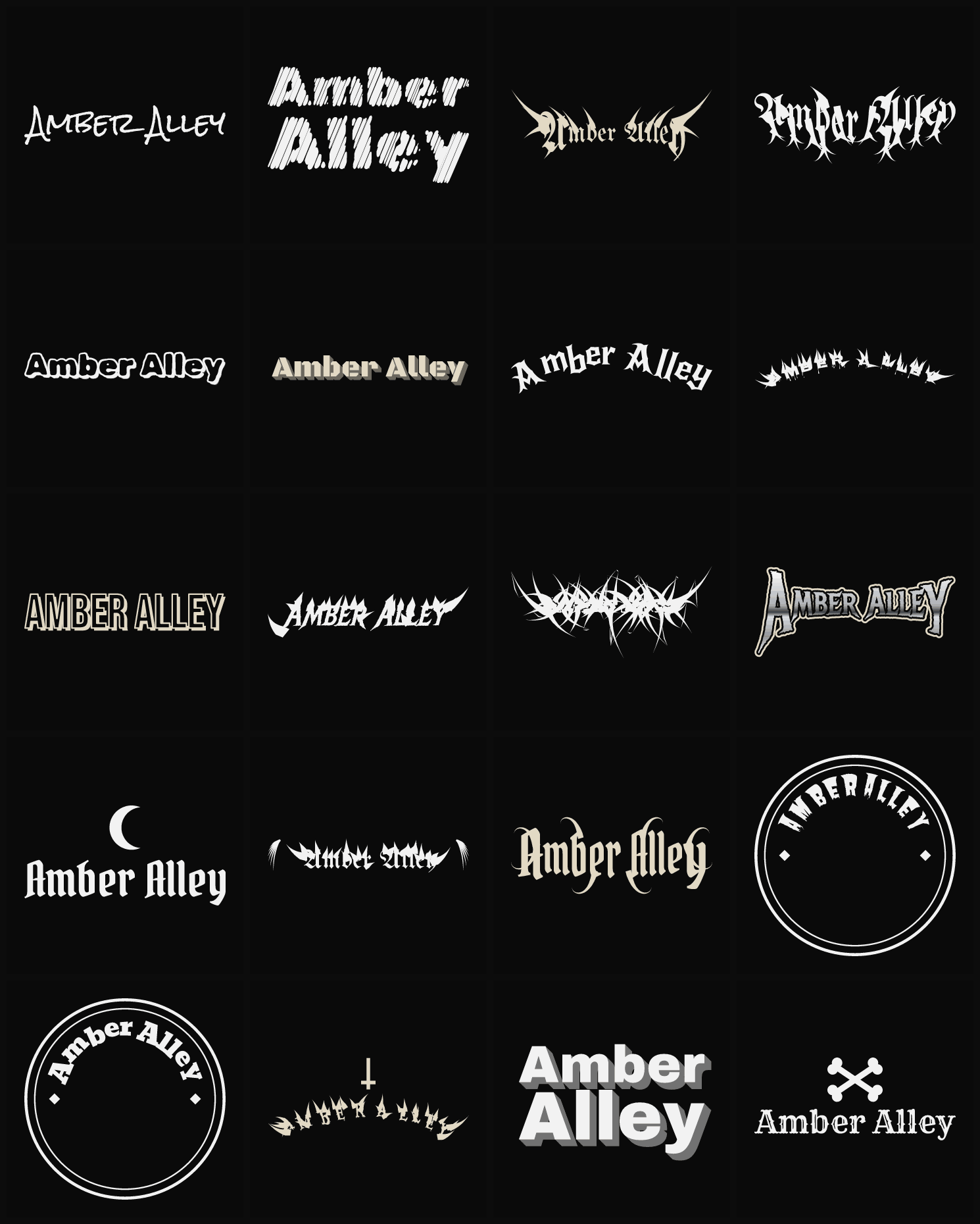 Twenty Amber Alley band logo ideas — different faces, treatments and spike settings