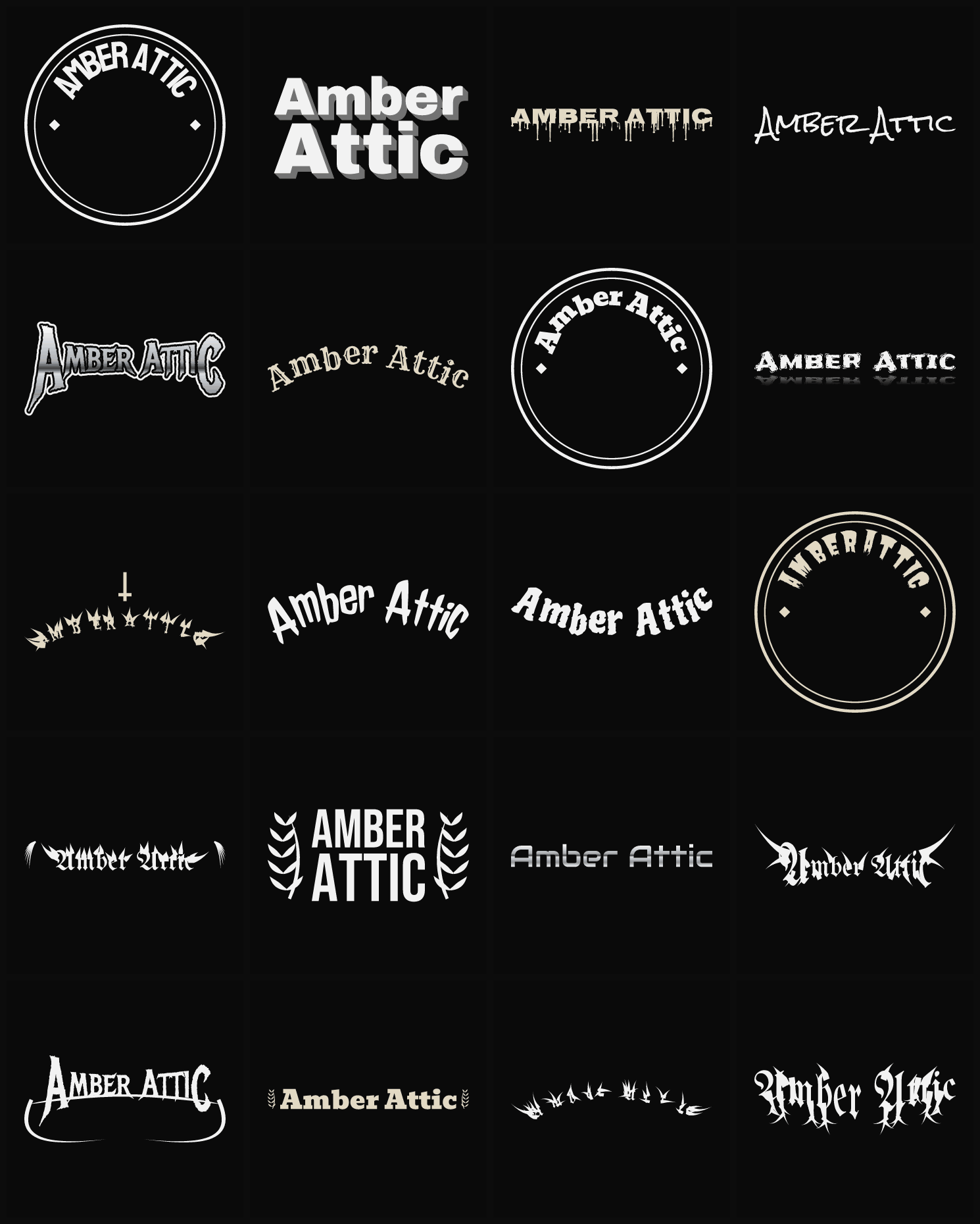 Twenty Amber Attic band logo ideas — different faces, treatments and spike settings