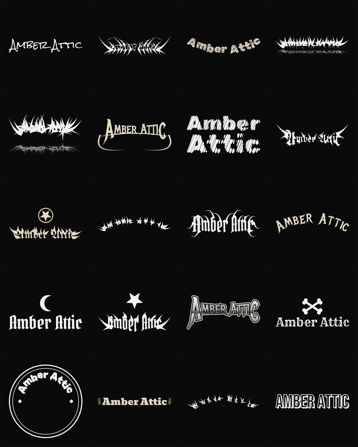 Twenty Amber Attic band logo ideas — different faces, treatments and spike settings