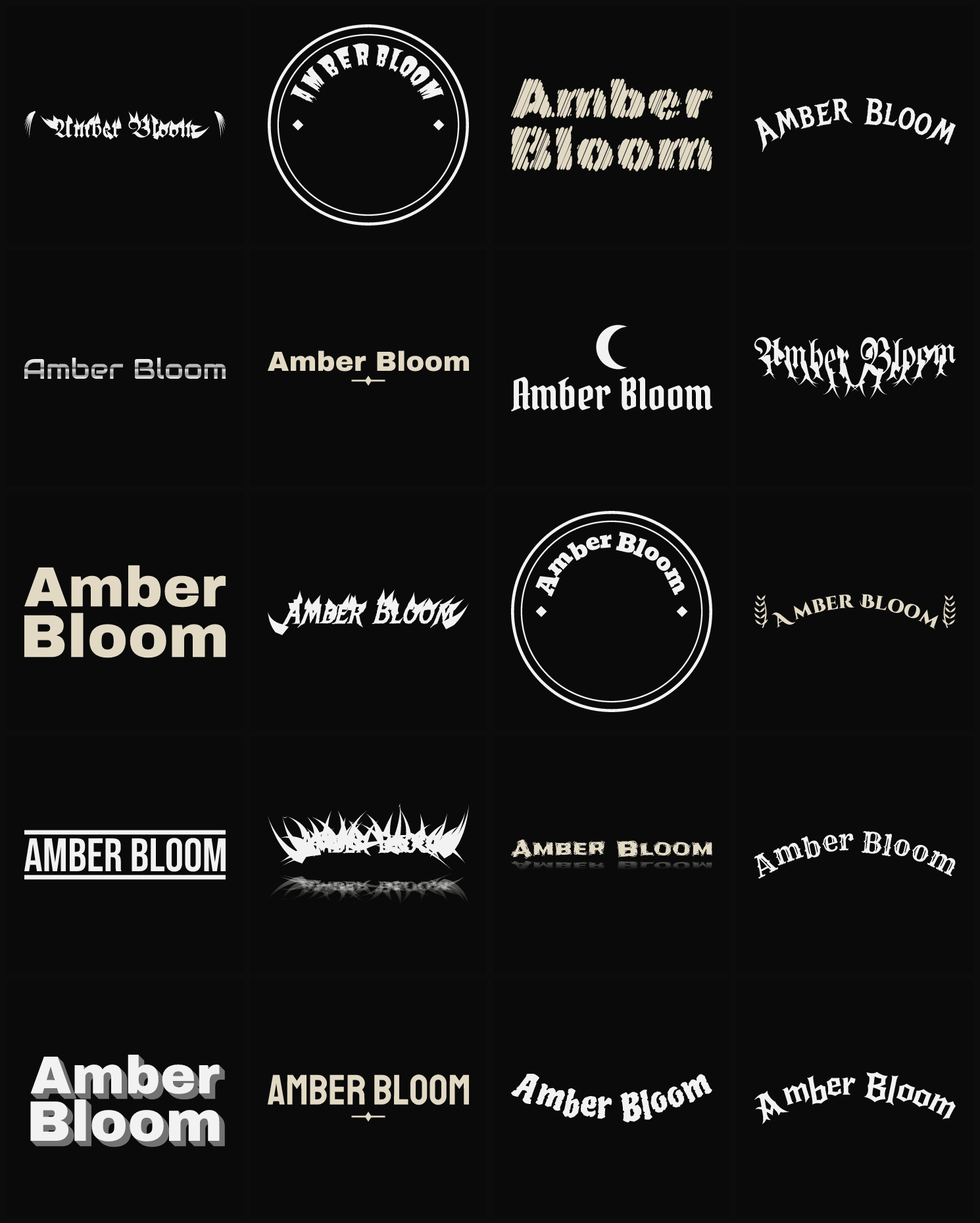 Twenty Amber Bloom band logo ideas — different faces, treatments and spike settings