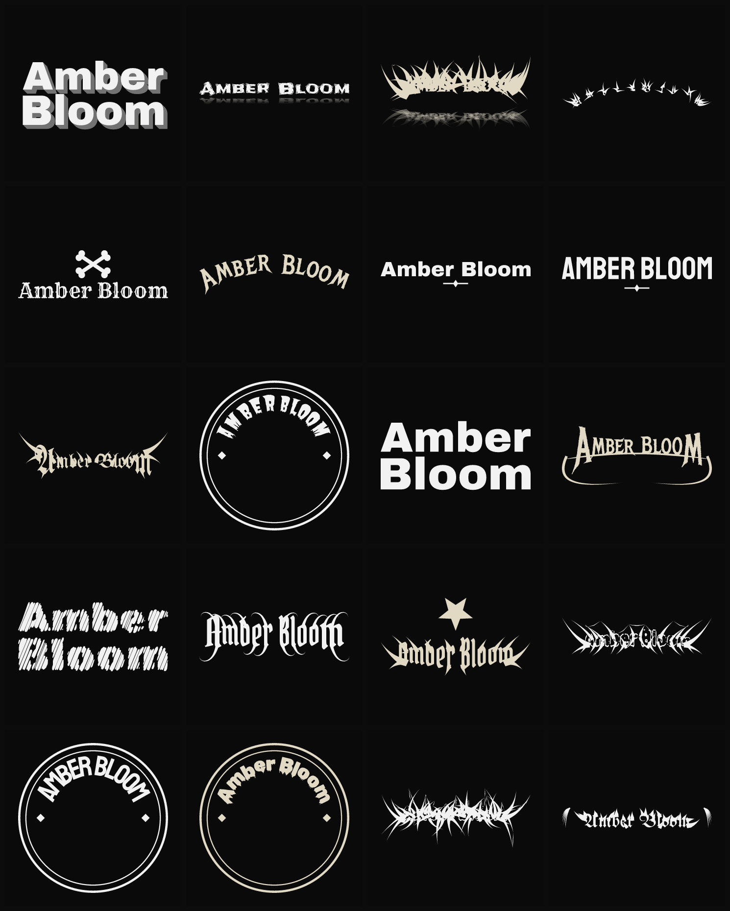 Twenty Amber Bloom band logo ideas — different faces, treatments and spike settings