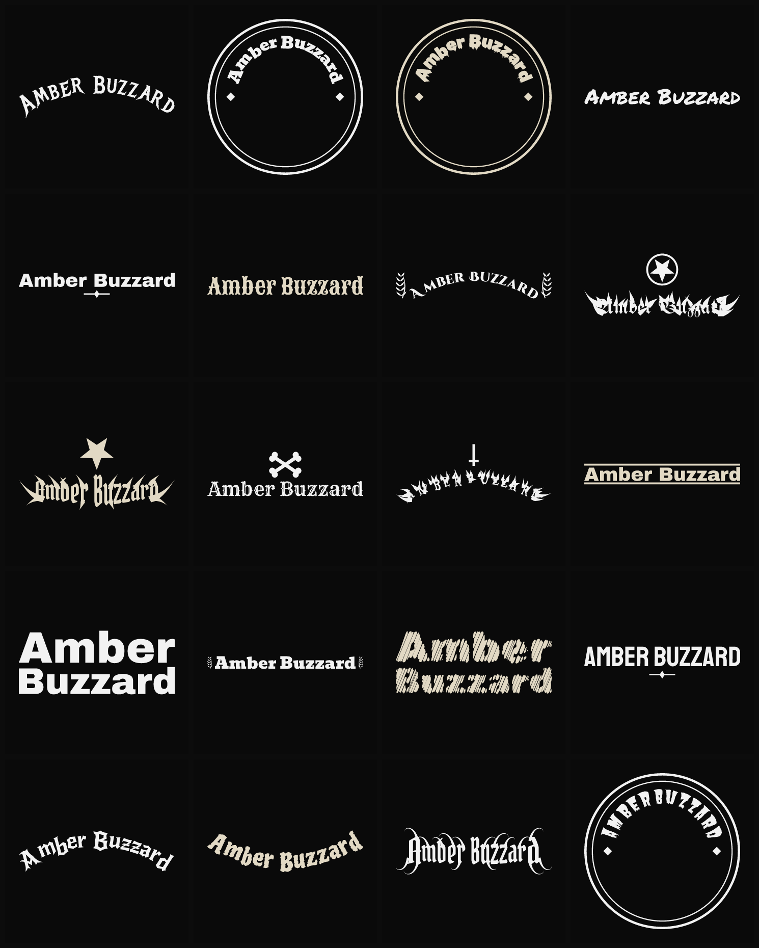 Twenty Amber Buzzard band logo ideas — different faces, treatments and spike settings