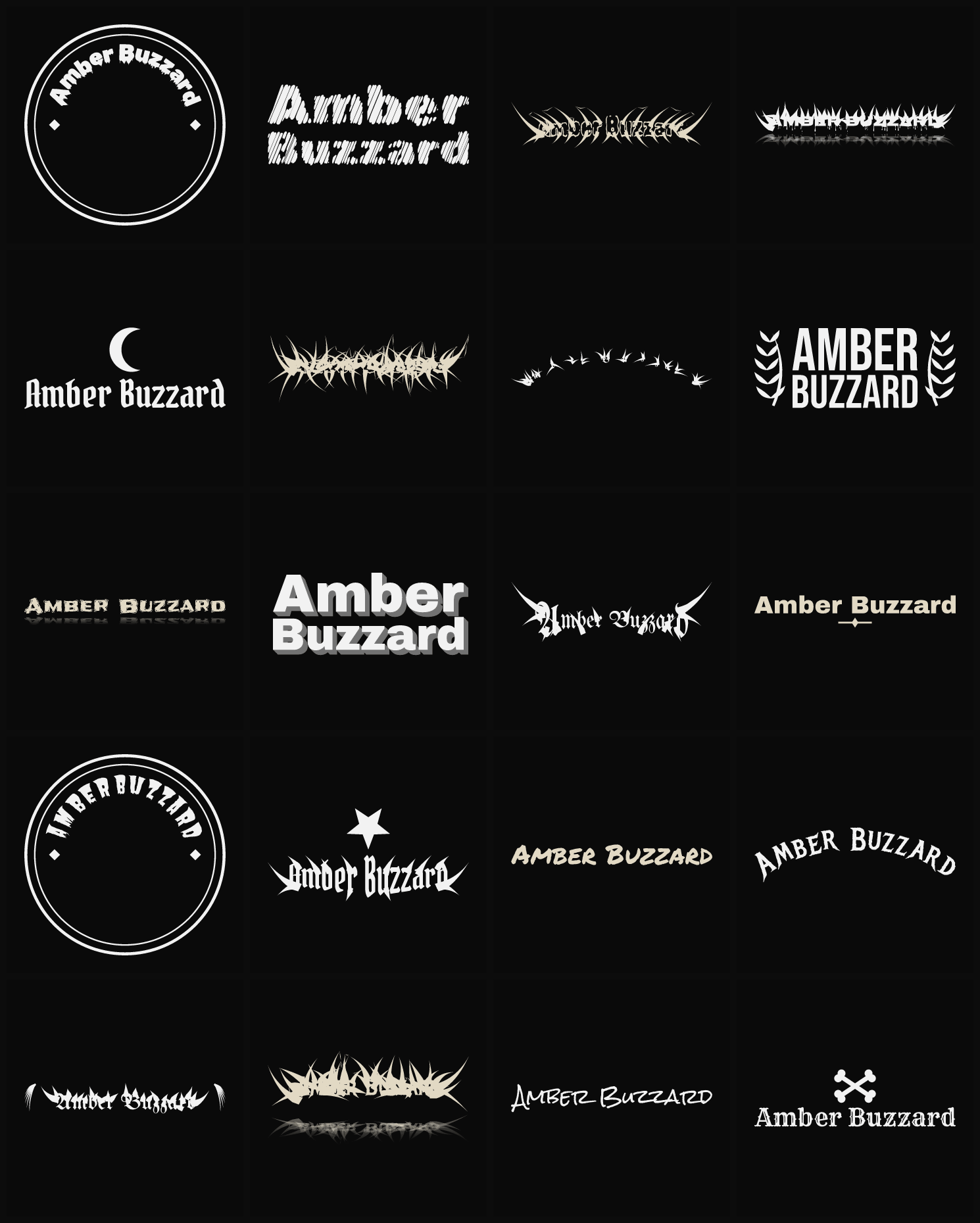 Twenty Amber Buzzard band logo ideas — different faces, treatments and spike settings