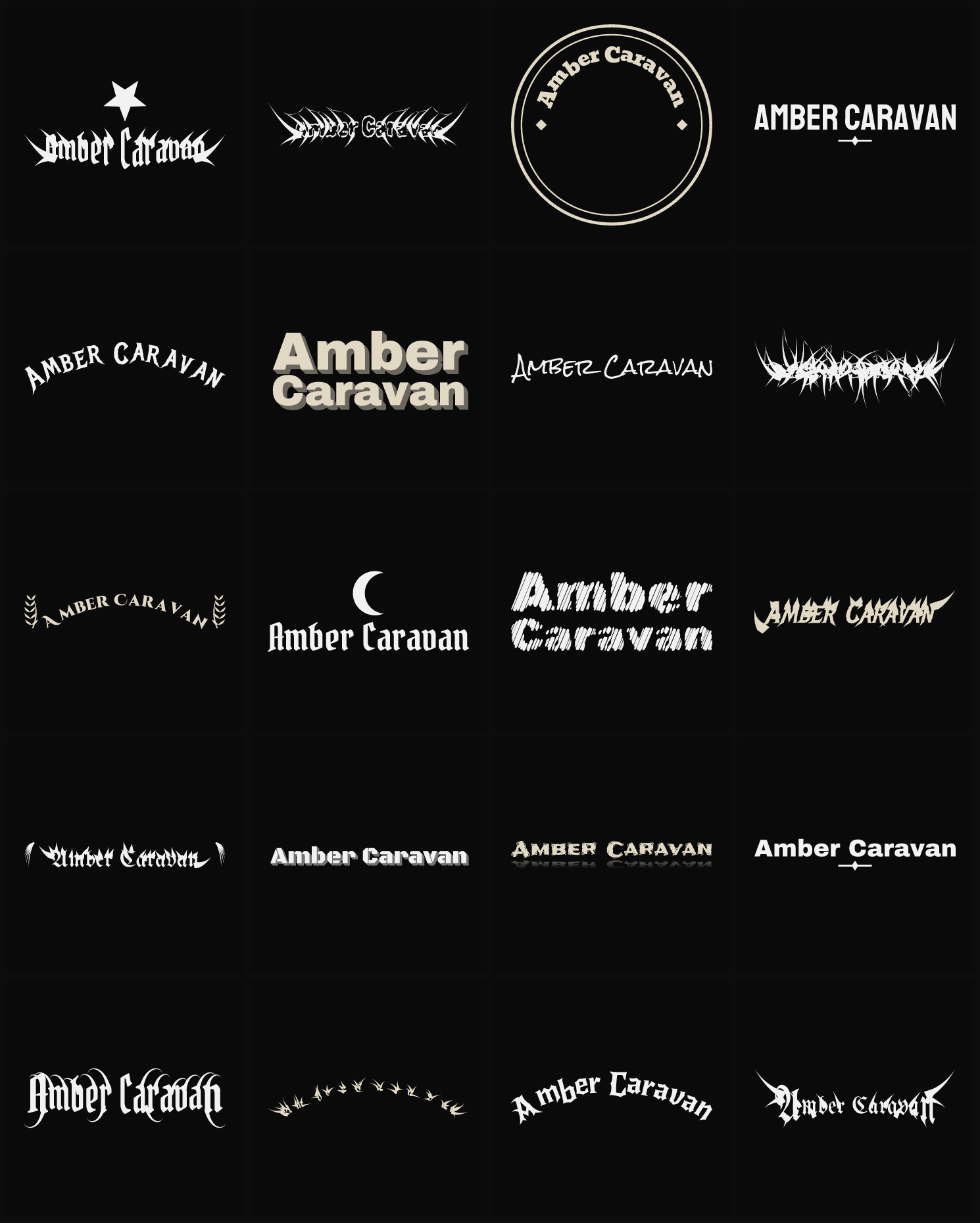 Twenty Amber Caravan band logo ideas — different faces, treatments and spike settings