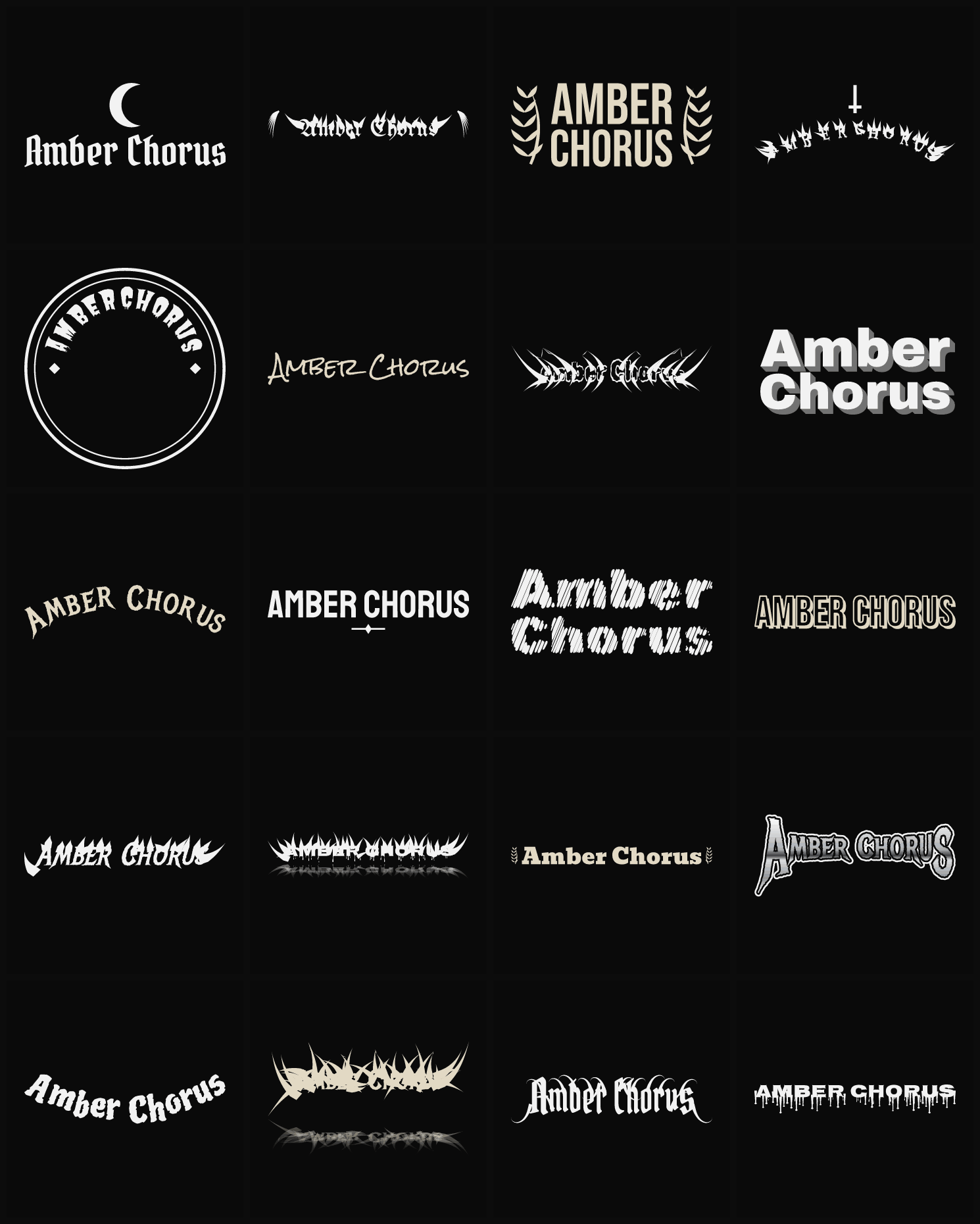 Twenty Amber Chorus band logo ideas — different faces, treatments and spike settings