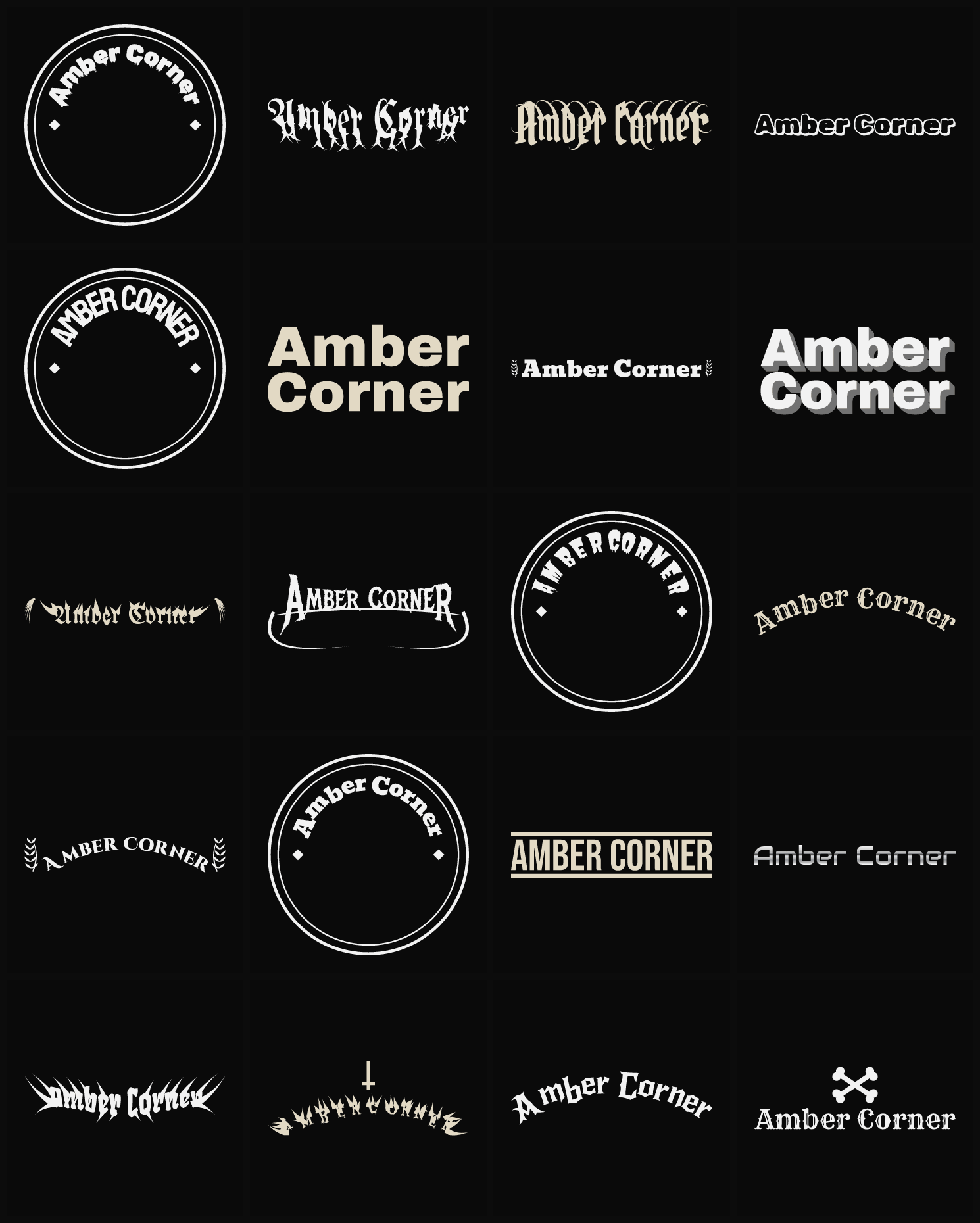 Twenty Amber Corner band logo ideas — different faces, treatments and spike settings