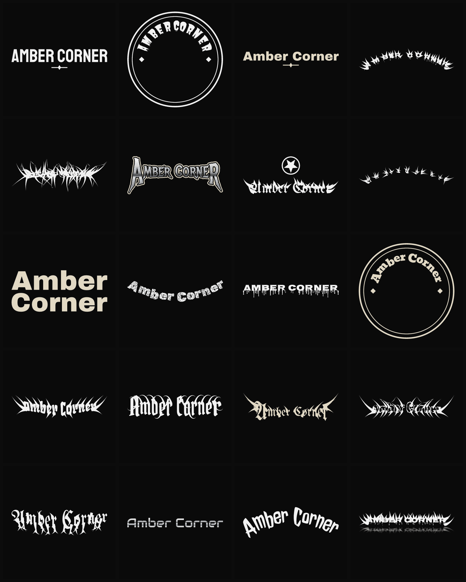 Twenty Amber Corner band logo ideas — different faces, treatments and spike settings