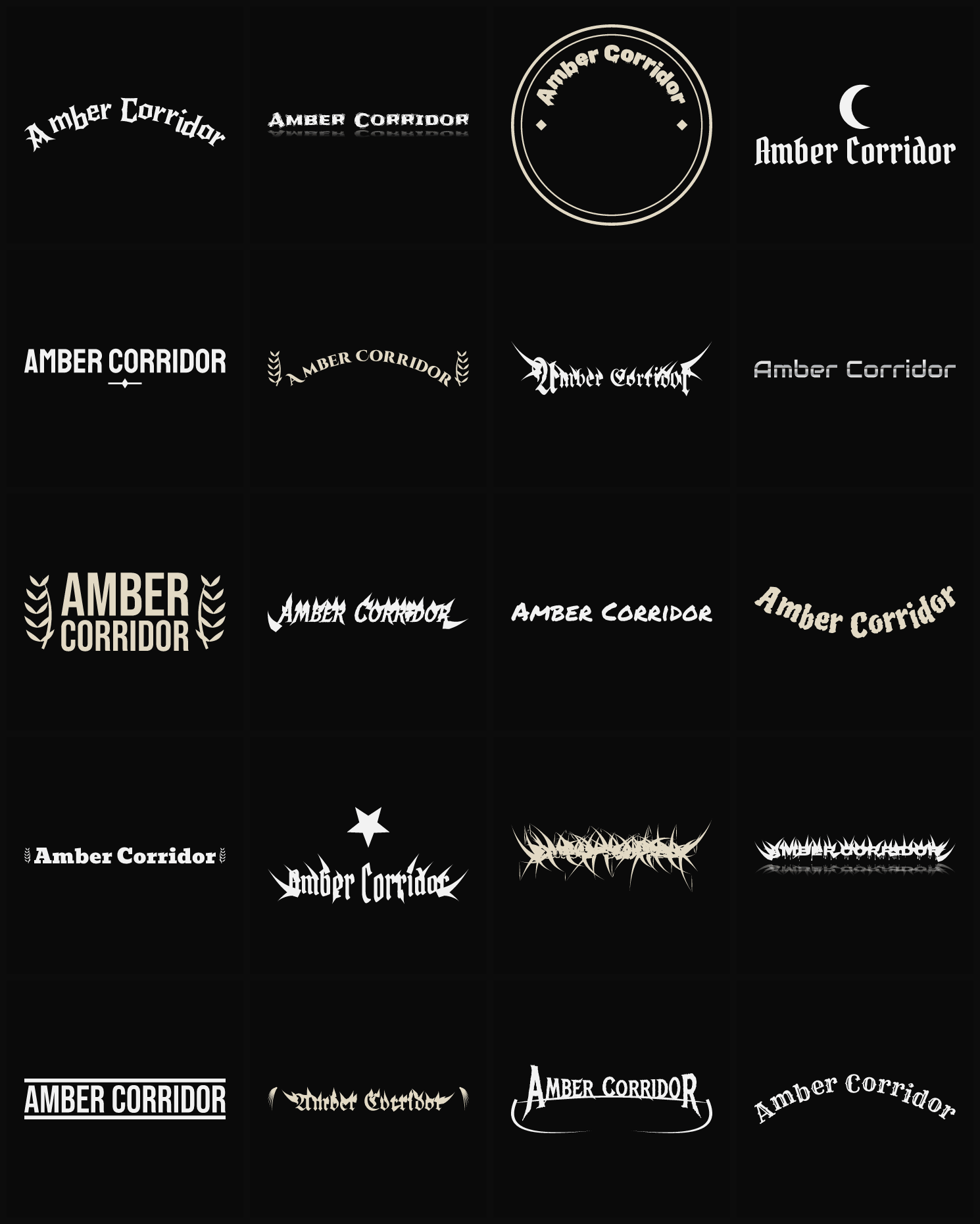 Twenty Amber Corridor band logo ideas — different faces, treatments and spike settings